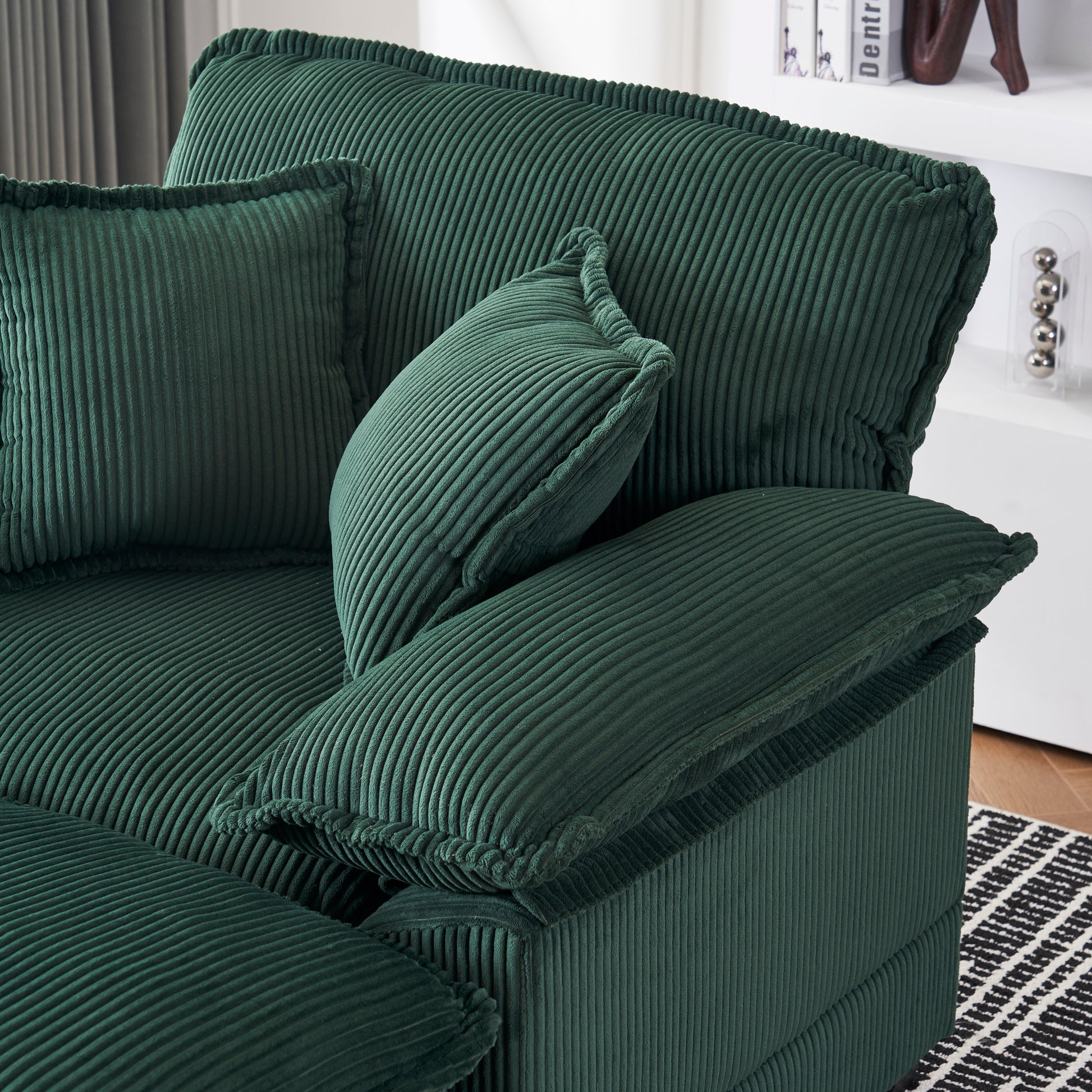 56.3 Inch Corduroy Single Sofa With 2 Toss Pillows And A Ottoman ,Comfy Sofa Deep Seat Couch For Living Room Green Foam 1 Seat