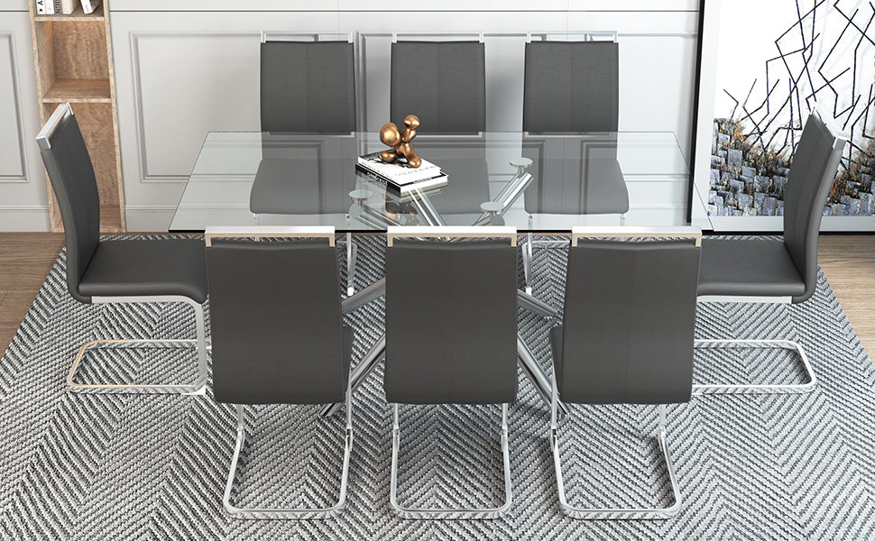 Table And Chair Set.Modern Luxurious Transparent Tempered Glass Dining Table Set.Paried With 8 Dark Gray Chairs With Pu Cushion And Silver C Tube Metal Legs. Dark Gray,Transparent Seats 8 Glass