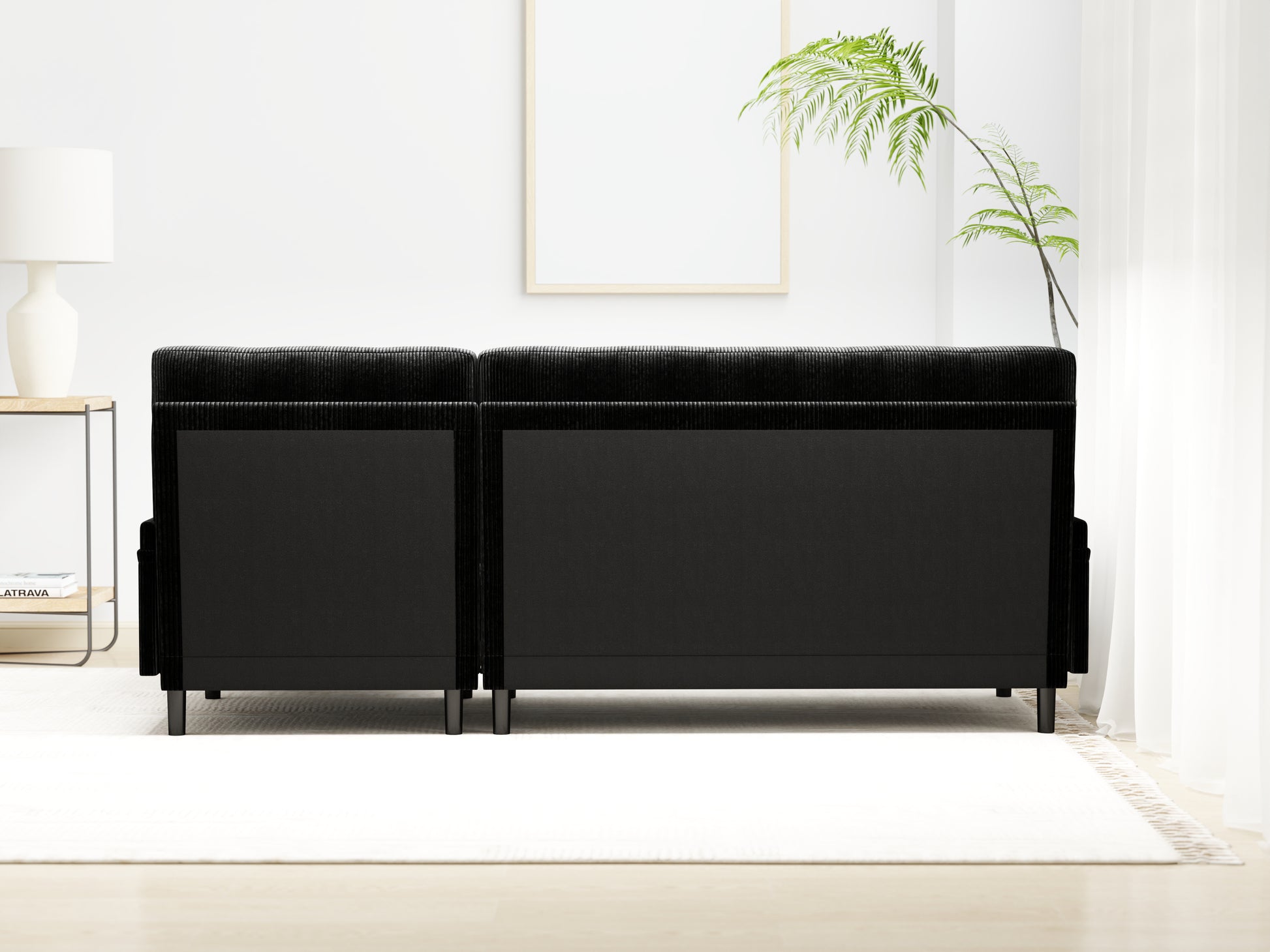 Black Corduroy Sectional Sofa: Convertible 3 Seaters Sofa, L Shaped Sofa, And Bed Black Velvet Metal Primary Living Space Medium Soft Loose Back Pillow Top Arms Foam Fabric Metal 3 Seat