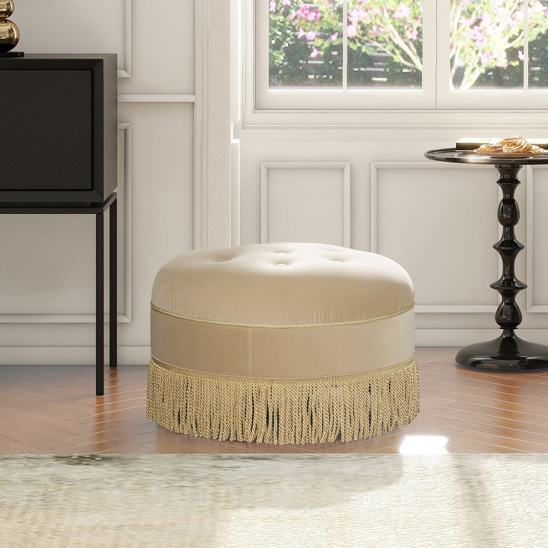 Yolanda 24" Round Upholstered Accent Ottoman, Fawn Brown Performance Velvet Brown Foam Velvet