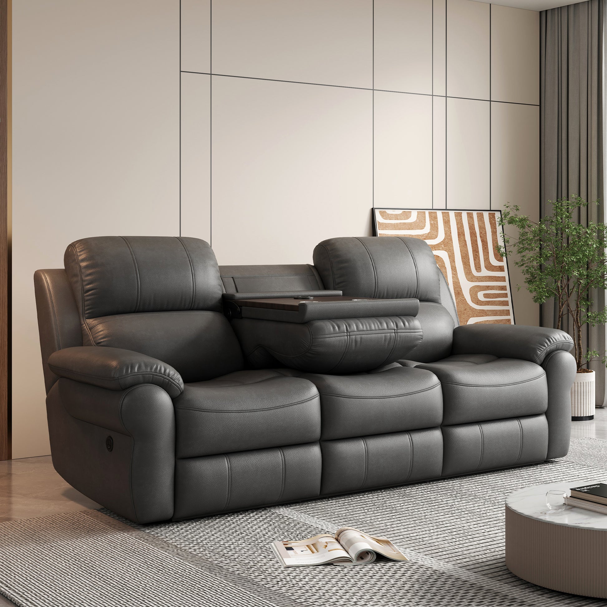 Fabric Power Reclining Sofa With Drop Down Table,Usb Button And Wireless Charger Gray Gray Primary Living Space American Design Foam Faux Leather 3 Seat