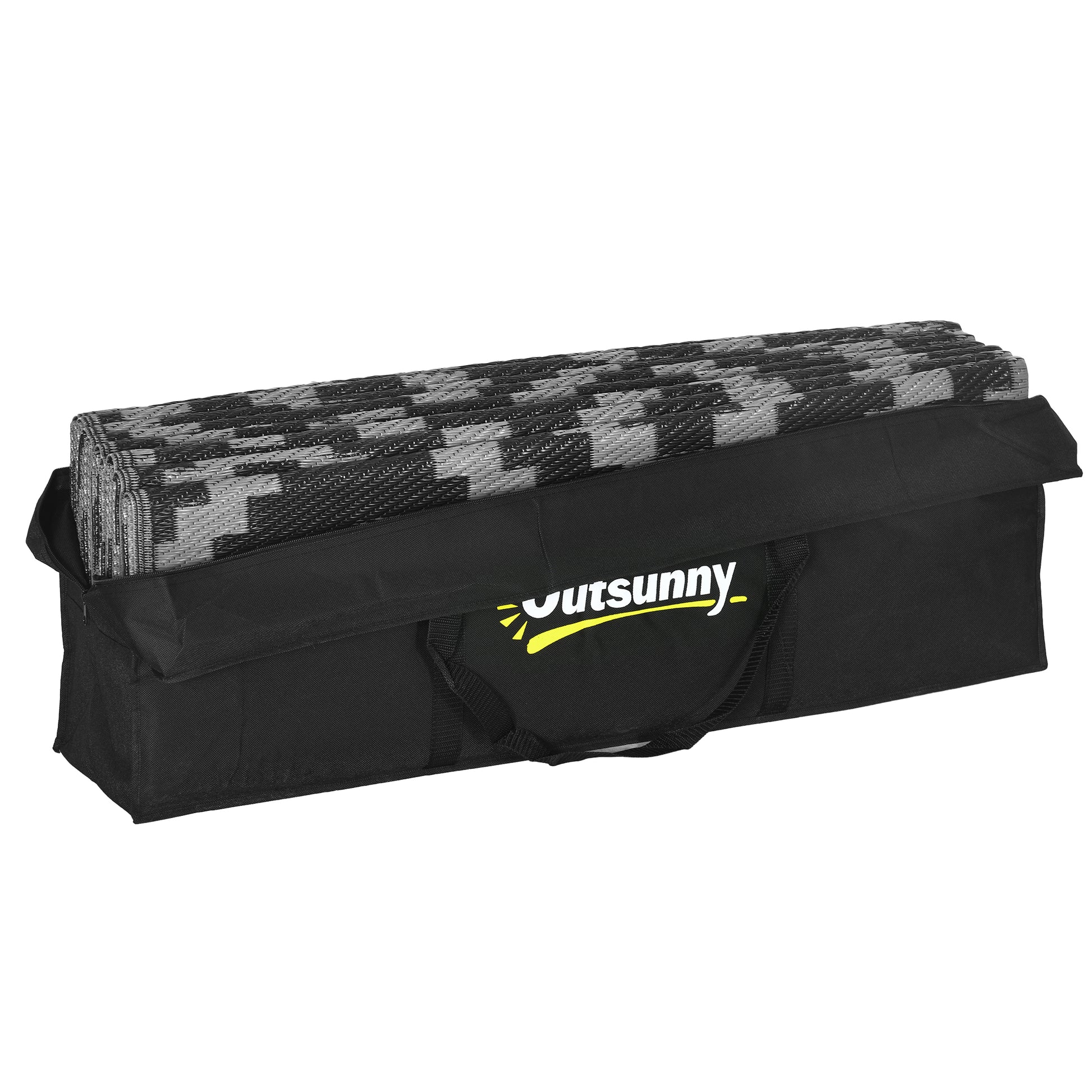 Outsunny Reversible Outdoor Rug, 9' X 12' Waterproof Plastic Straw Floor Mat, Portable Rv Camping Carpet With Carry Bag, Large Floor Mat For Backyard, Deck, Picnic, Beach, Black & Gray Geometric Multicolor Polypropylene