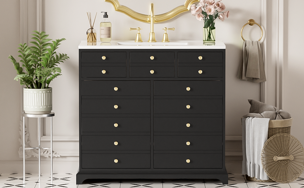 36'' Bathroom Vanity With Resin Sink Combo, Solid Wood Frame Bathroom Storage Cabinet, Freestanding Vanity Set With 2 Drawers& Soft Closing Doors, Black Black Bathroom Solid Wood Mdf Resin