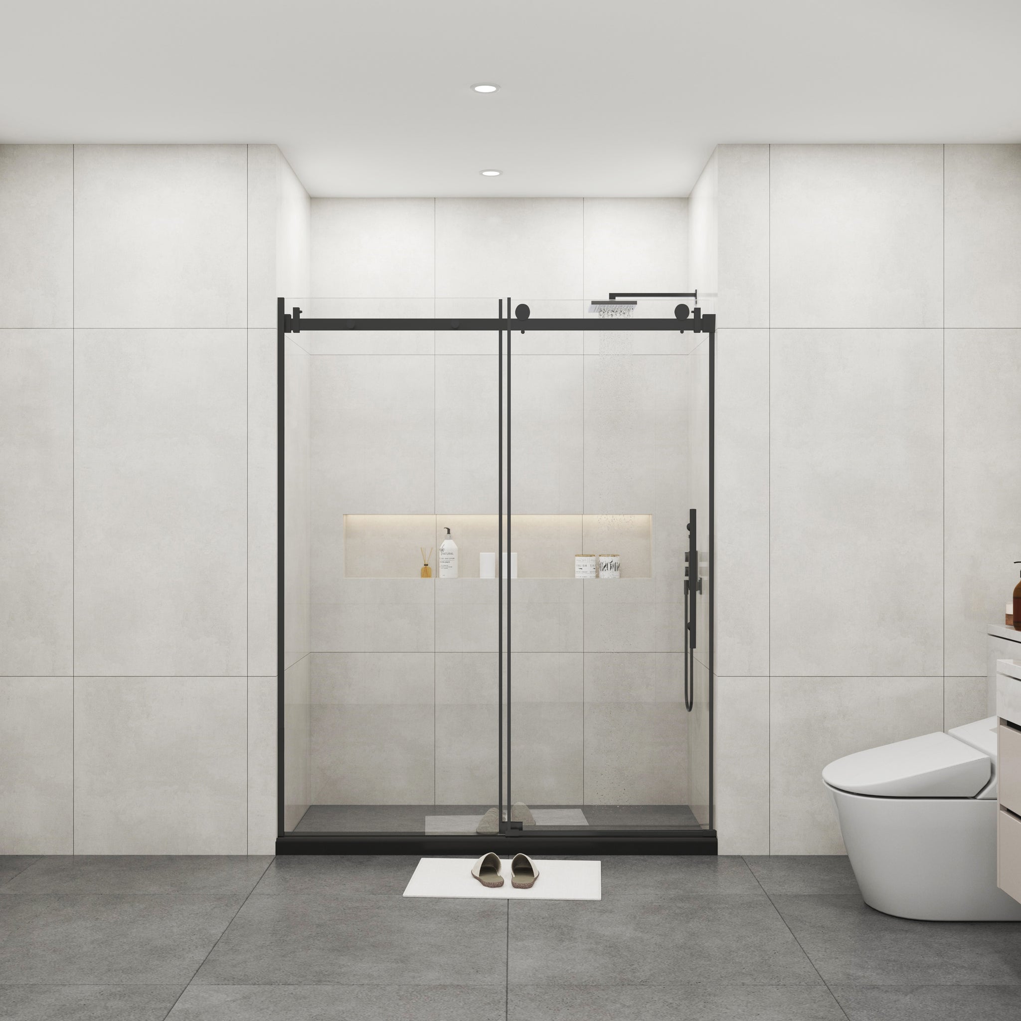 Frameless Sliding Glass Shower Doors 72" Width X 76"Height With 3 8" 10Mm Clear Tempered Glass, Matt Black Finish Matt Black Bathroom American Design Stainless Steel Tempered Glass