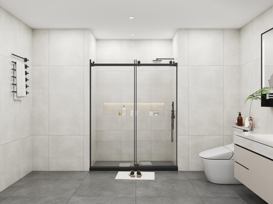 Frameless Sliding Glass Shower Doors 60" Width X 76"Height With 3 8" 10Mm Clear Tempered Glass, Matt Black Finish Matte Black Bathroom American Design Stainless Steel Tempered Glass