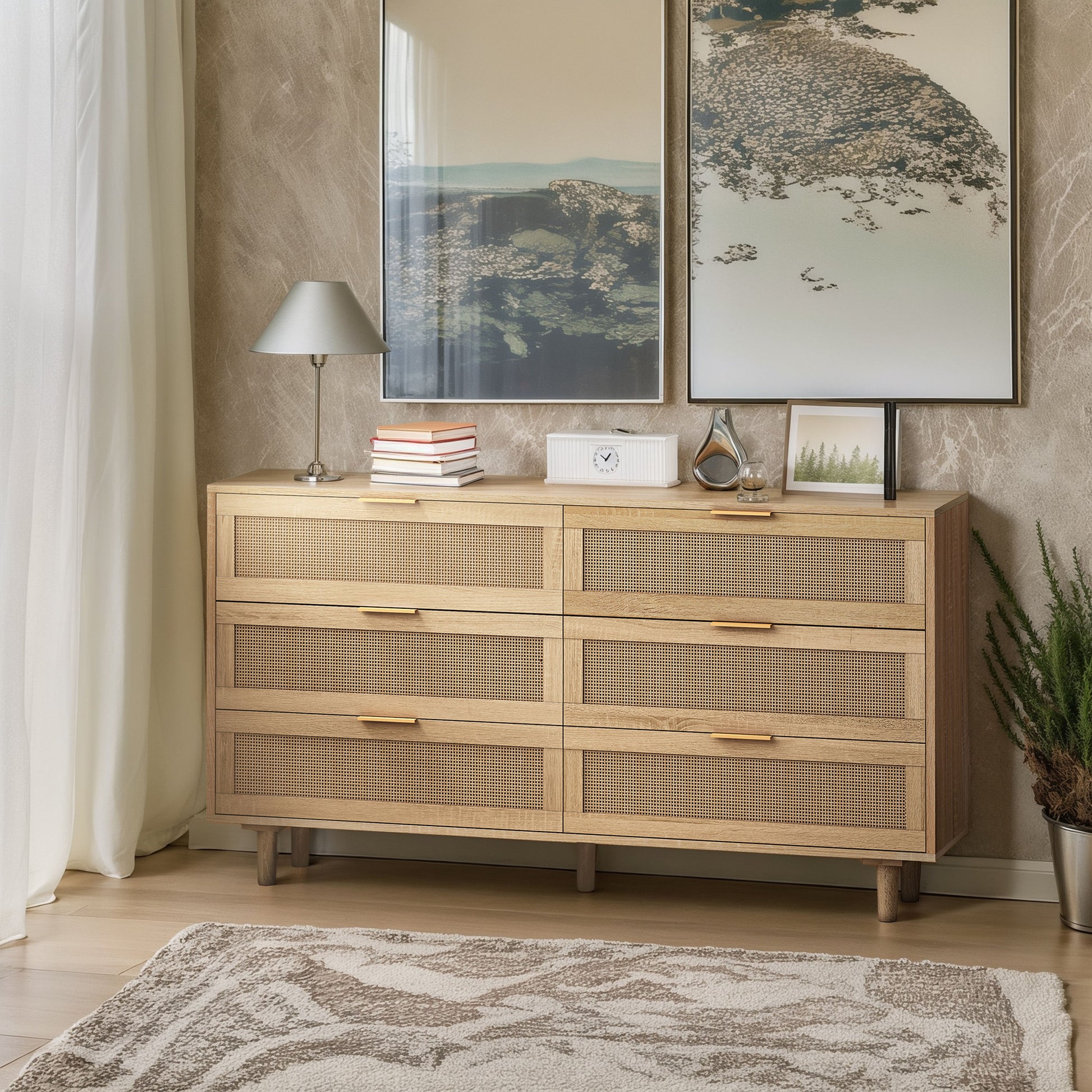 51.18"6 Drawers Rattan Storage Cabinet Rattan Drawer,For Bedroom,Living Room,Natural Same Sku:W75784346 Natural Mdf