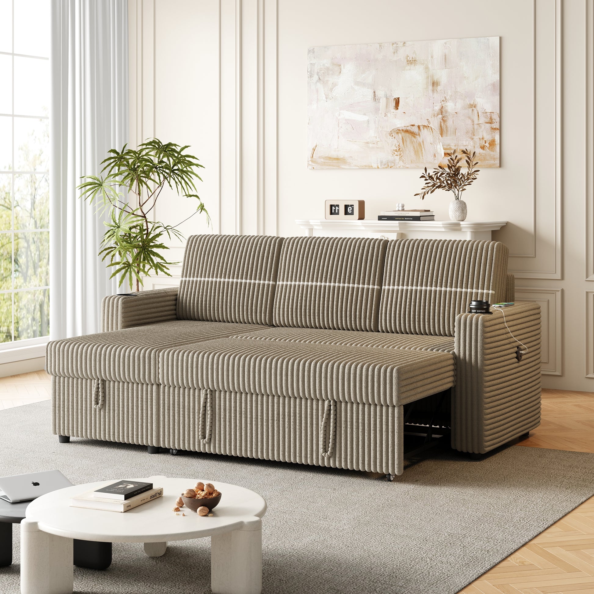 85 Inches Corduroy Sofa Bed, 3 Seater Sleeper Sofa With Storage Chaise, Square Handrail With Two Cup Holder And Usb Charge Port, Pull Out Couch For Living Room Brown Corduroy 3 Seat