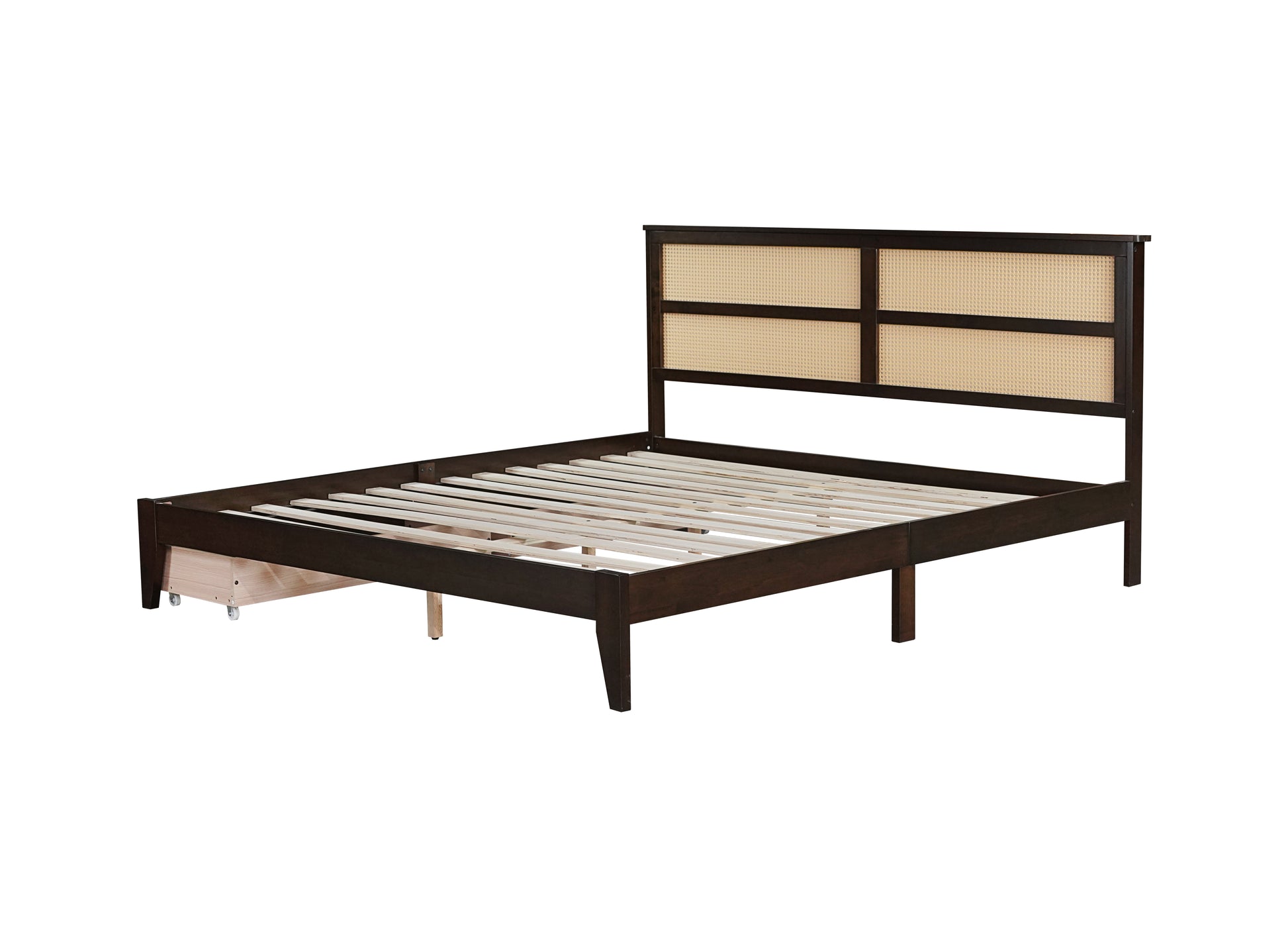 King Size Bed With Rattan Headboard, Two Storage Drawers, Rubber Wood Bed With Enhanced Support Salts And Feet,Espresso King Espresso Rubber Wood