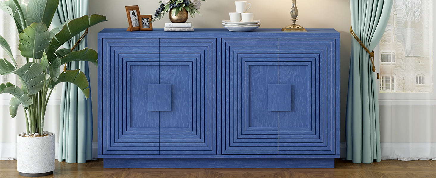 Vintage Distressed 4 Door Sideboard With Adjustable Shelves And Geometric Pattern For Dining Room, Kitchen And Living Room Navy Blue Navy Blue Solid Wood Mdf