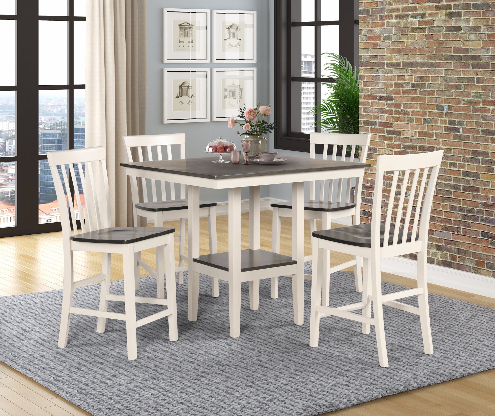 Rustic Farmhouse Transitional 5 Pc Counter Height Dining Set Square Table Wood Top Bottom Display Shelf Chair Wooden Dining Room Furniture Gray White Finish Dinette Wood Wood Antique White Gray Slat