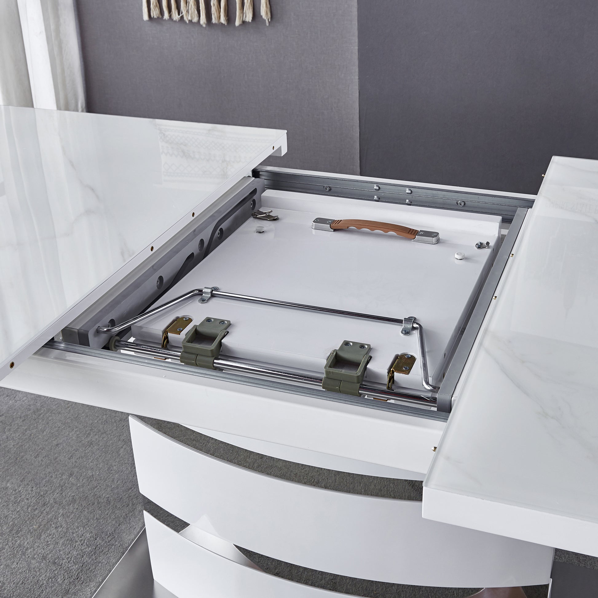 Expandable Glass Top Table With Butterfly Leaf, White Lacquer Mdf Base With Stainless Steel 70.9" 86.6" X 35.4" X 29.5" White Mdf