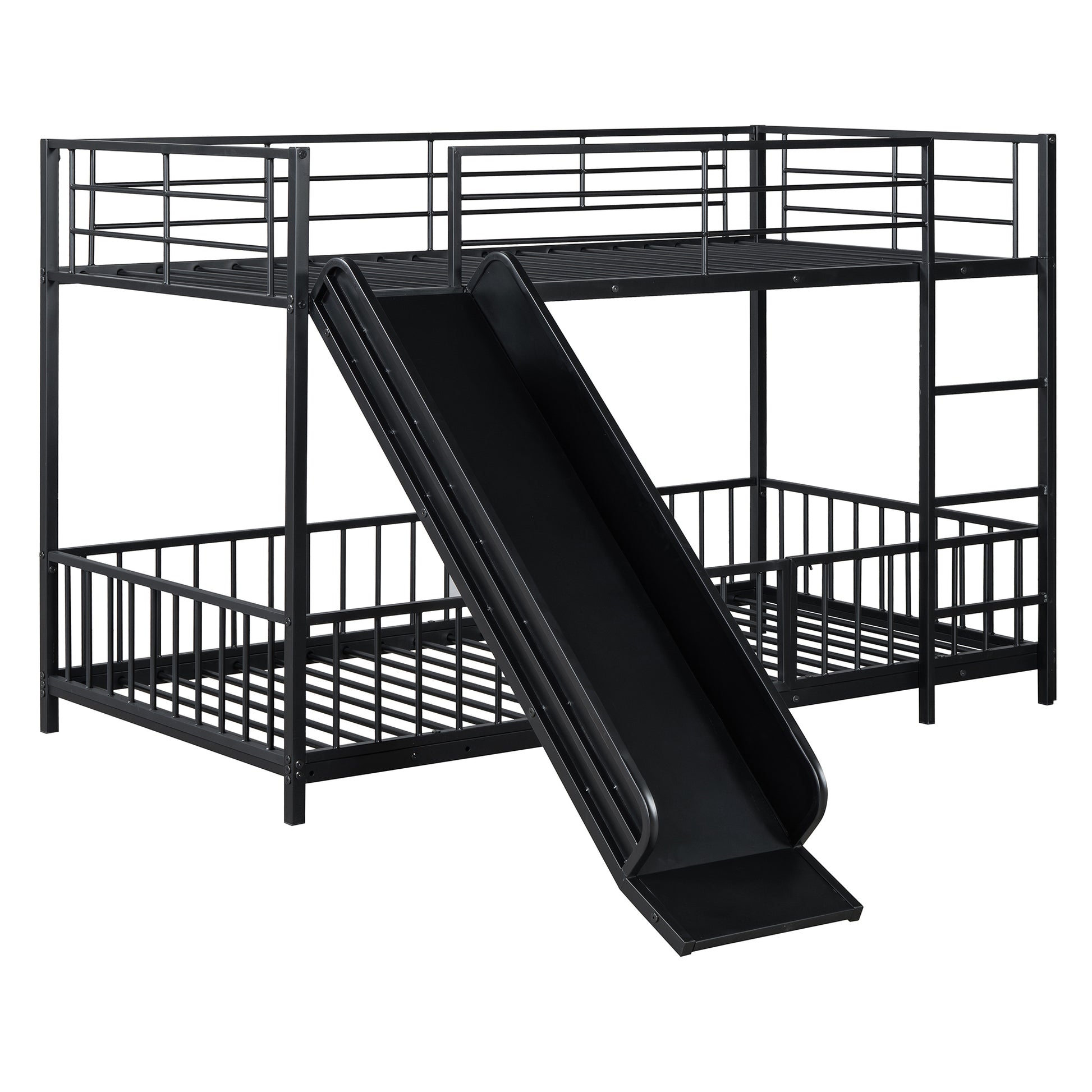 Twin Over Twin Size Metal Bunk Bed With Slide And Guardrails, Black Twin Black Metal