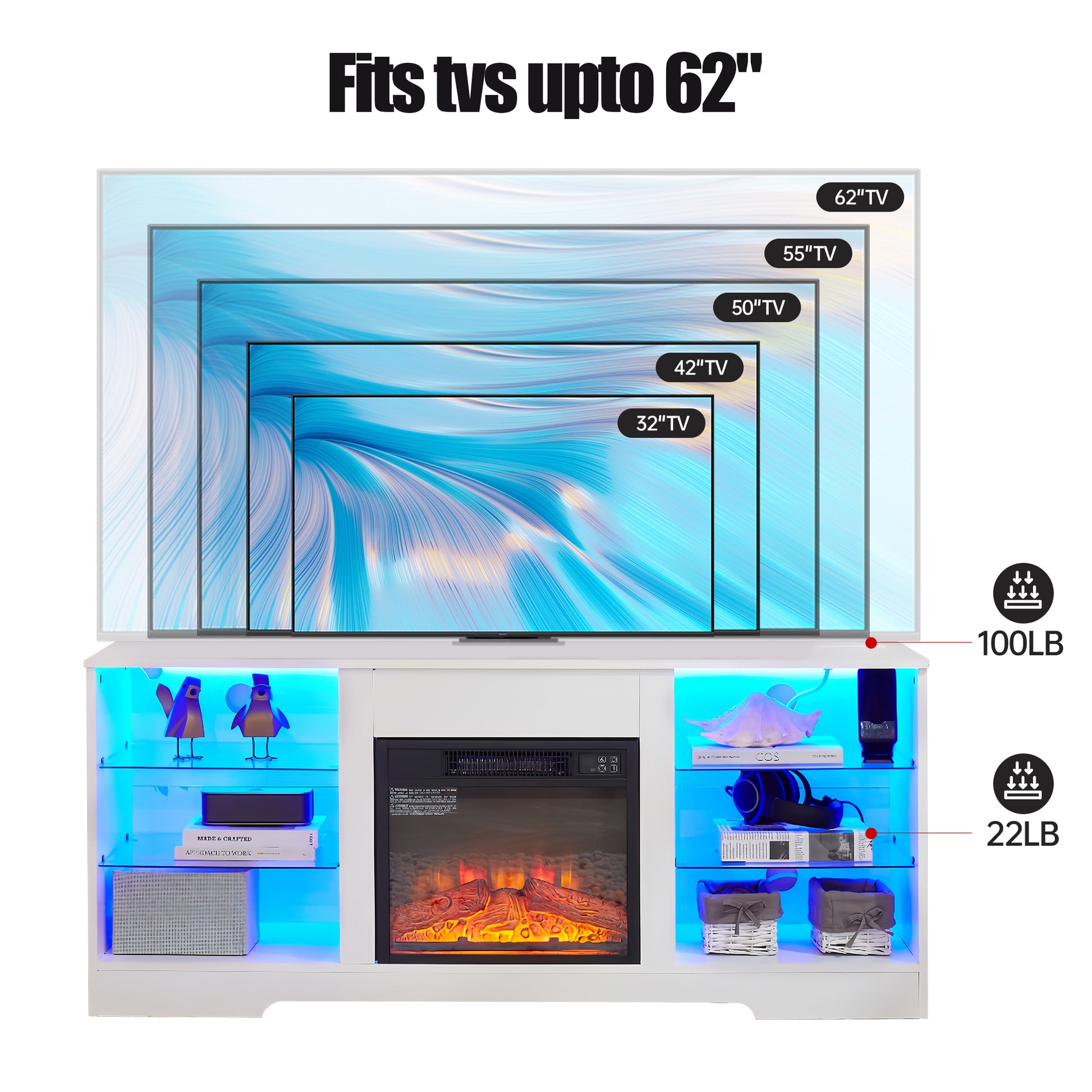 Tv Stand Electric Fireplace Tv Stand With Glass Shelves, 3D Fireplace Tv Stand With Led Lights Wood With Usb Charging Outlet Modern Television Table Center For Tv Up To 32 62" White 58''W*15.5''D*24.4 White 50 59 Inches Mdf