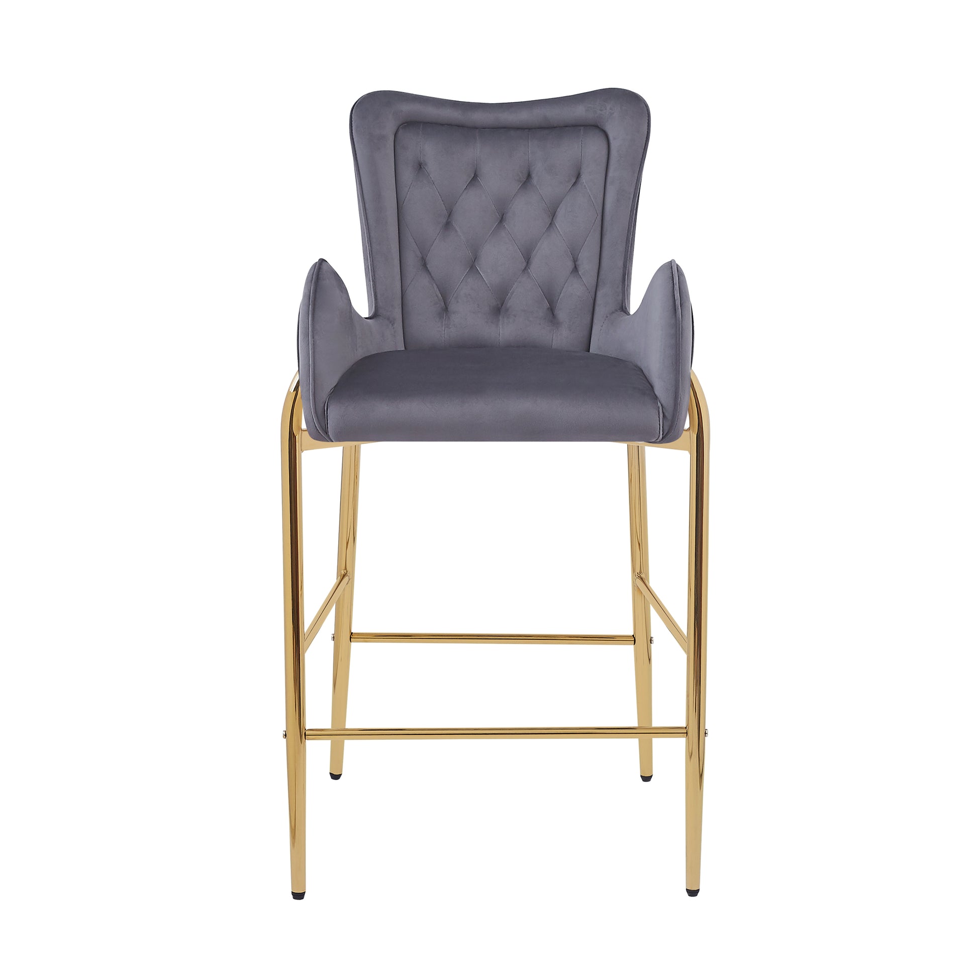 28.75Inch Counter Height Bar Stools Set Of 2, Bar Height Arm Chairs, Velvet Fabric Stools With Golden Legs And Footrests,Gray Solid Kitchen Tufted Back Set Of 2 Wood Gray Powder Coated Foam Spot