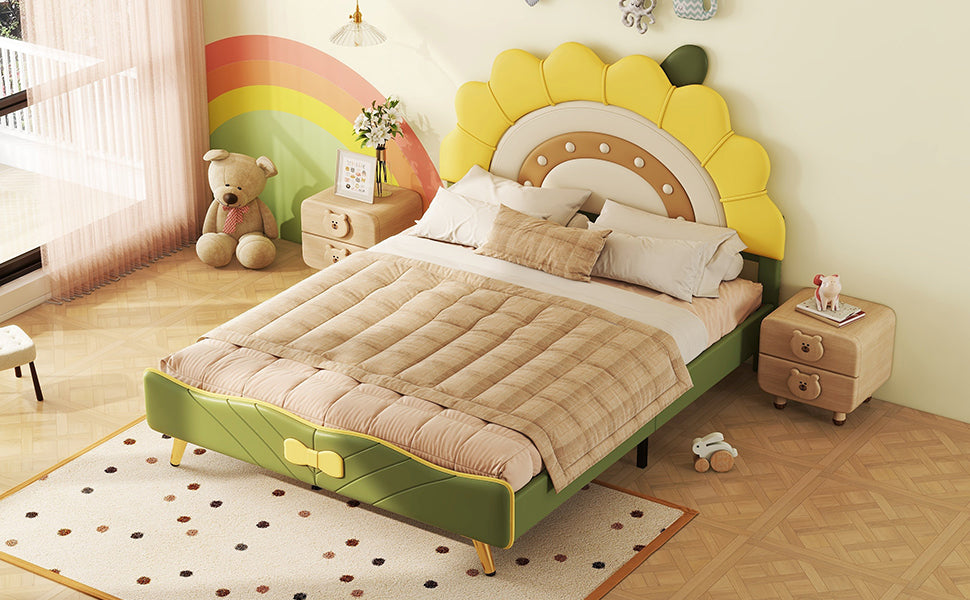 Full Size Upholstered Platform Bed With Sunflower Shaped Headboard, Green Box Spring Not Required Full Green Wood Bedroom Bed Frame Faux Leather Upholstered