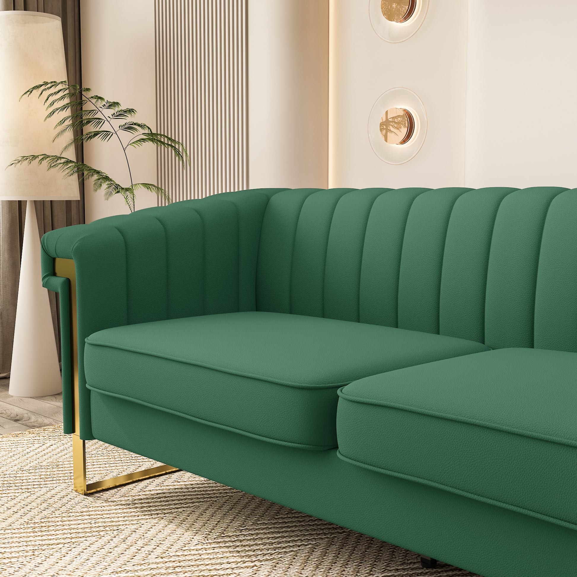 Fx P81Pu Gr Sofa Modern Green Pu Sofa With Gold Accents Sleek Channel Tufted Upholstery, 3 Seat Couch For Living Room And Office Decor Temu Suitable Retro Green Pu 2 Seat