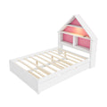 Full Size House Shaped Bed With Bookcase Headboard And Led Light And Twin Size Trundle For Kids Boys Girls, Pink White Box Spring Not Required Full White Pink Wood Bedroom Cute Bed Frame Wood