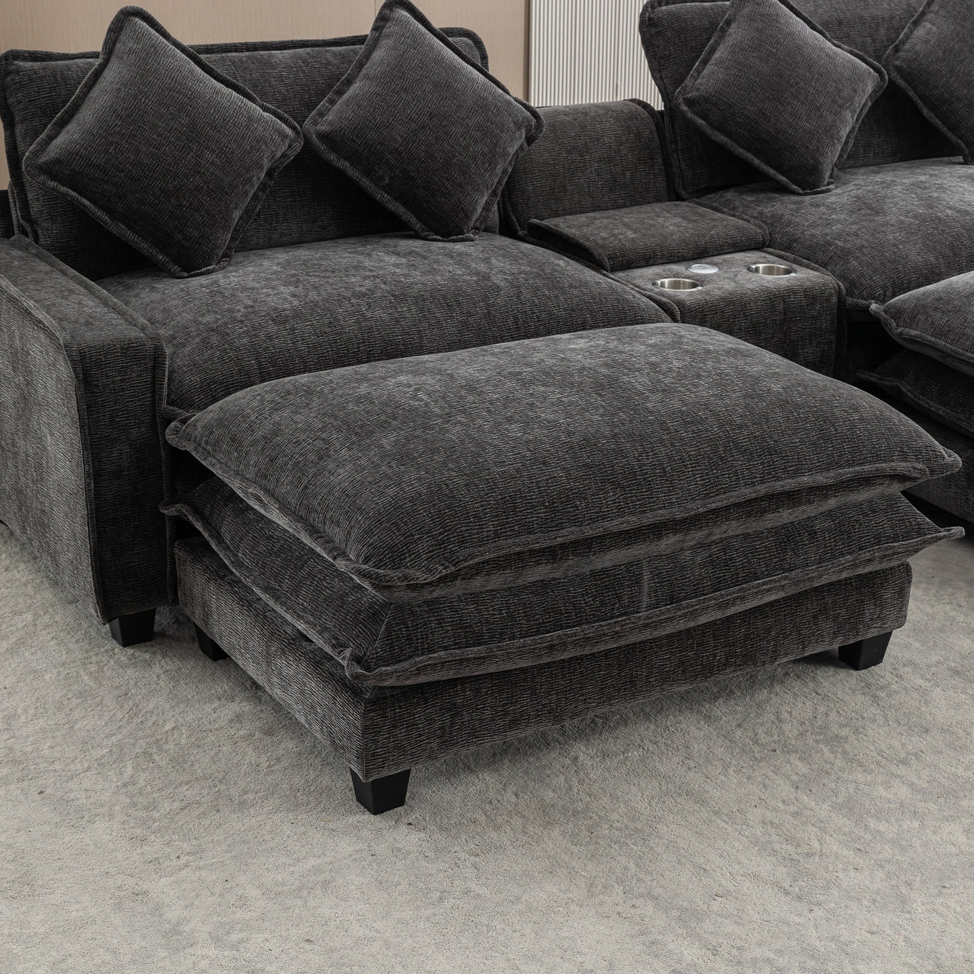 112.6" Sectional Sofa Chenille Upholstered Sofa With Two Removable Ottoman, Two Usb Ports, Two Cup Holders And Large Storage Box For Living Room, Black Black Foam Chenille 2 Seat