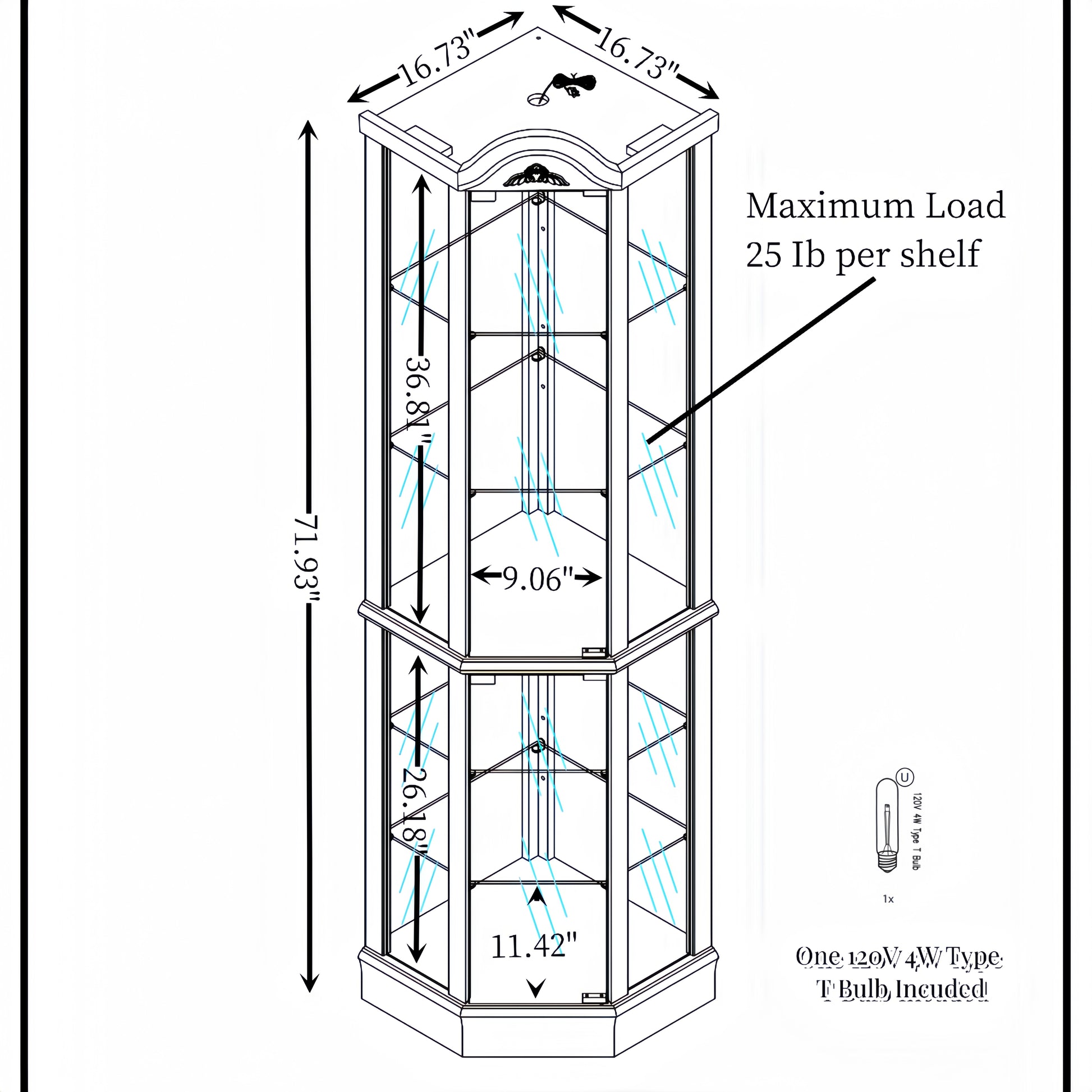 Glass Cabinet Lighted Corner Cabinet Corner Display Curio Cabinet, Glass Display With Light Included Bar Cabinet,Wine Cabinet With Adjustable Glass Shelves Carved Decoration Oak Light Included Oak