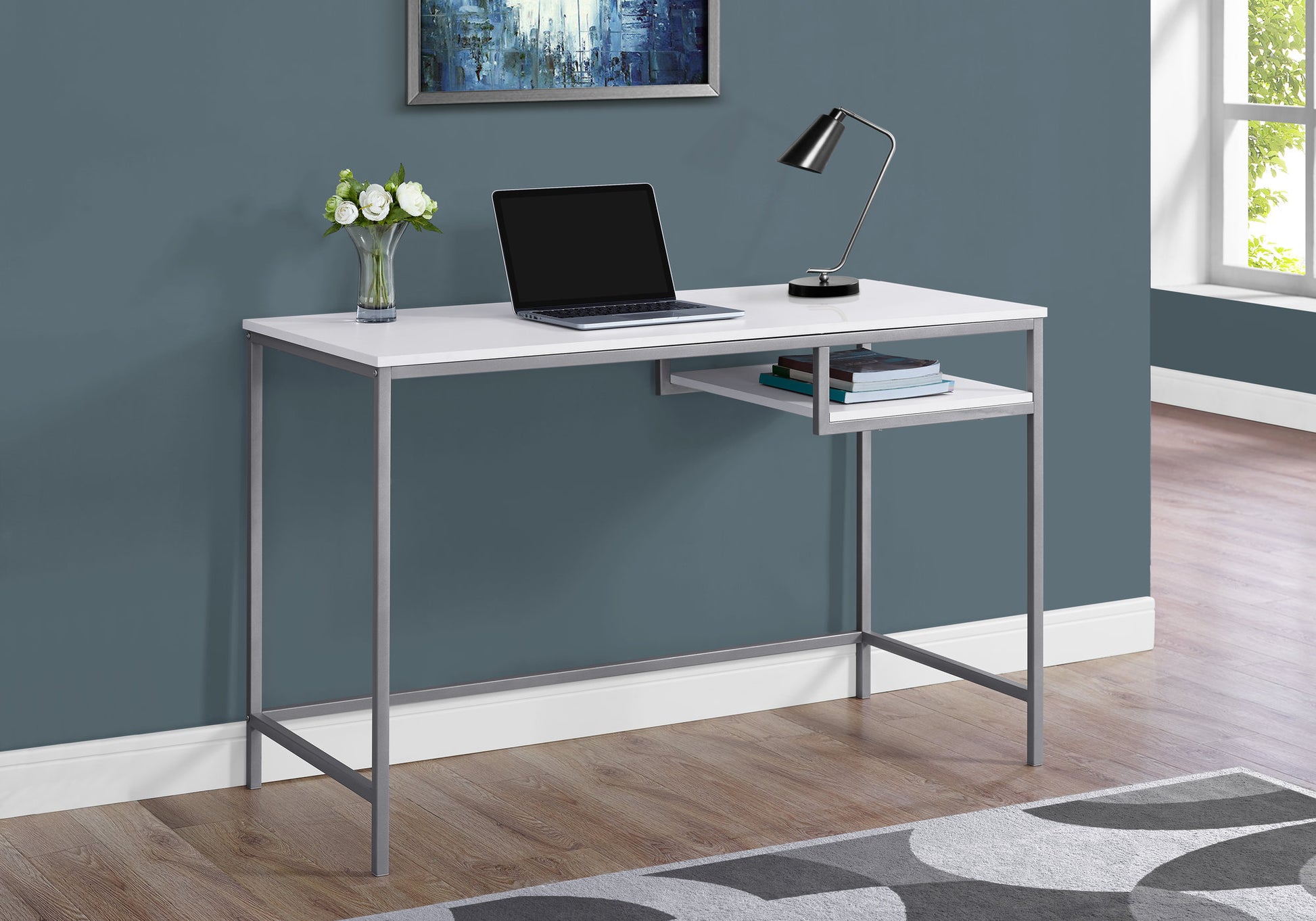 Computer Desk, Home Office, Laptop, 48"L, Work, White Laminate, Grey Metal, Contemporary, Modern White Mdf