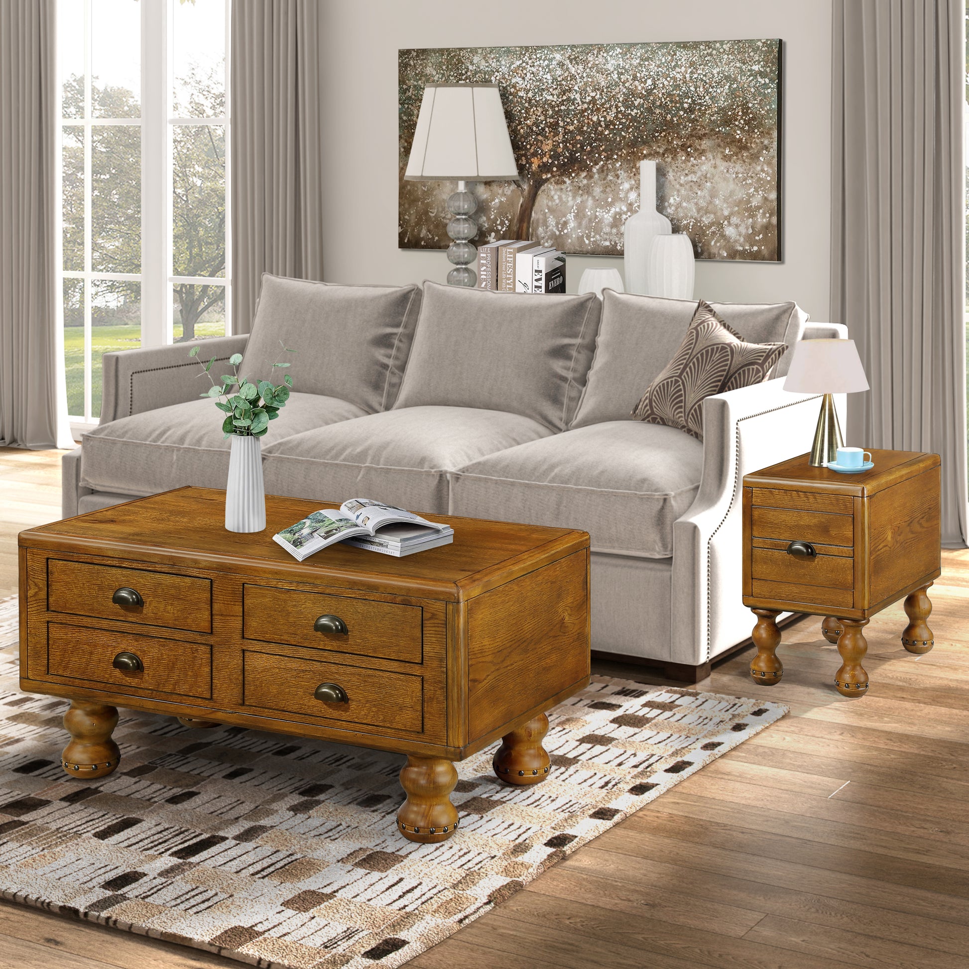 Rectangle Living Room Coffee Table Set, 3 Piece Solid Wood Living Room Table Set, 1 Coffee Table And 2 End Table, Wood Center Table Tea Table Set With Rivet Decoration Legs.Antique Brown Antique Brown Pine