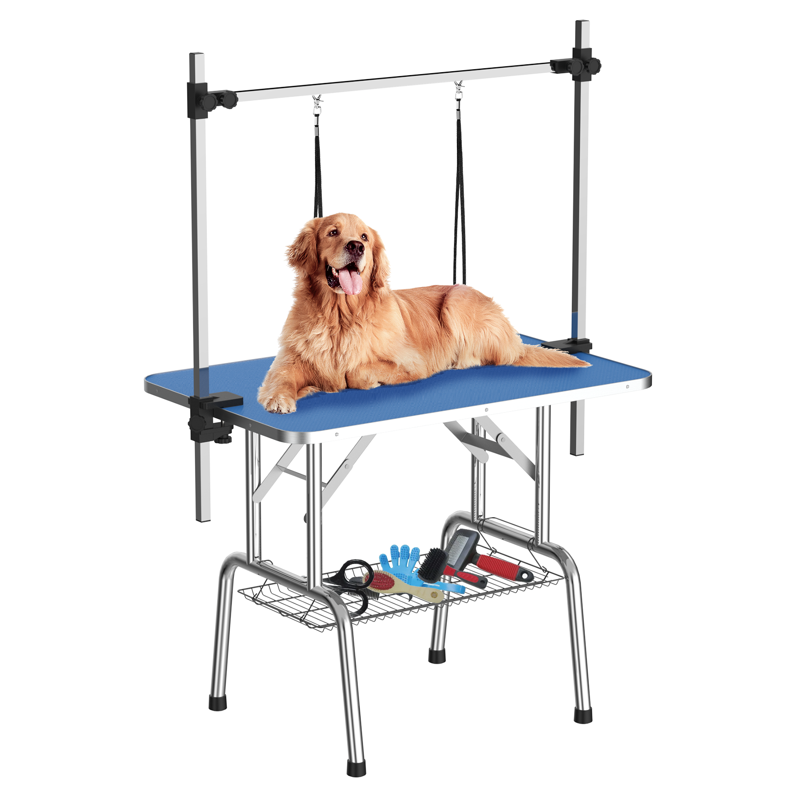 46 Inch Foldable Dog Grooming Table For Home With Adjustable Arm, Noose, Non Slip Surface, And Storage Mesh Tray Blue Mdf Metal