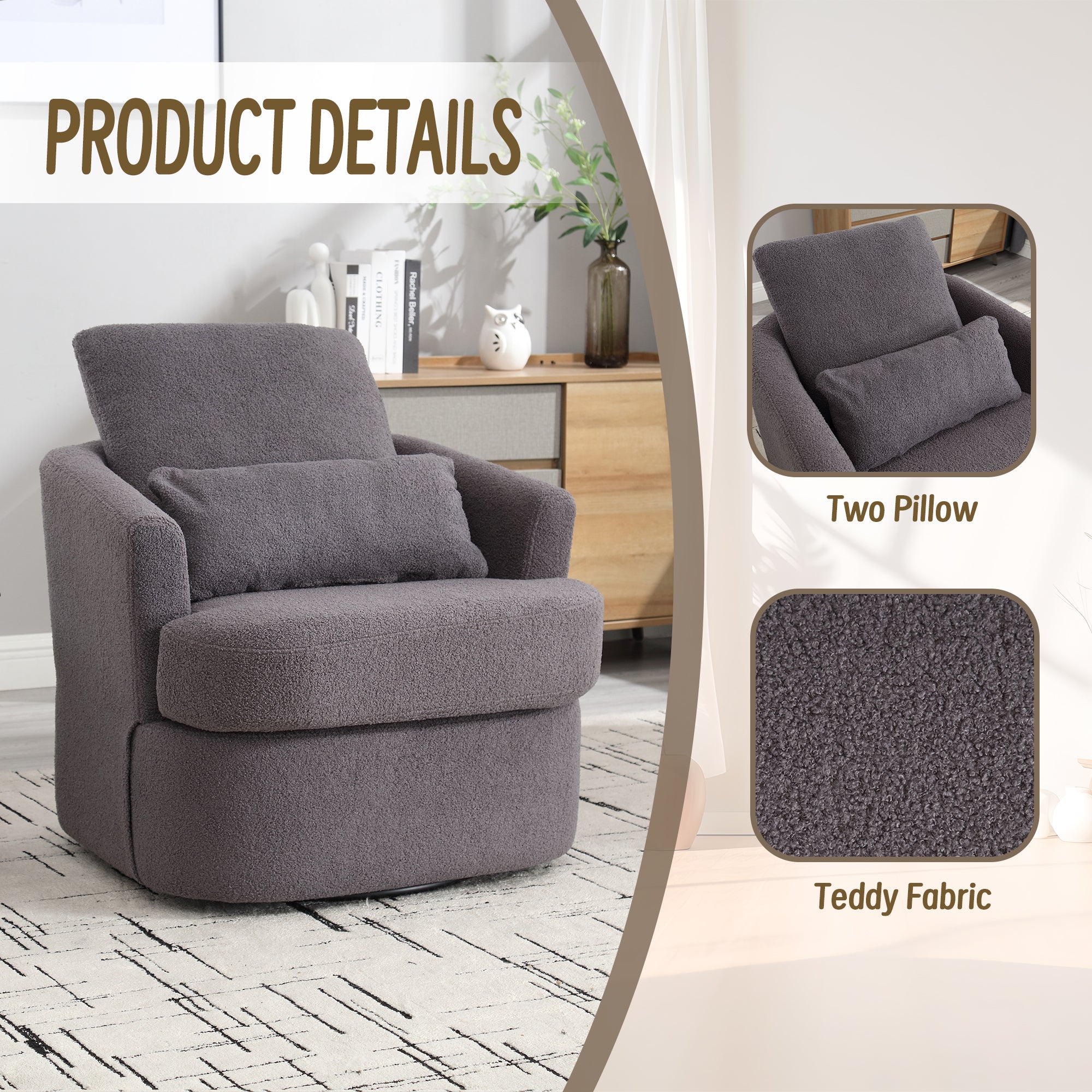 Coolmore Swivel Barrel Chair, Comfy Round Accent Sofa Chair For Living Room, 360 Degree Swivel Barrel Club Chair, Leisure Arm Chair For Nursery, Hotel, Bedroom, Office, Lounge Gray Teddy Gray