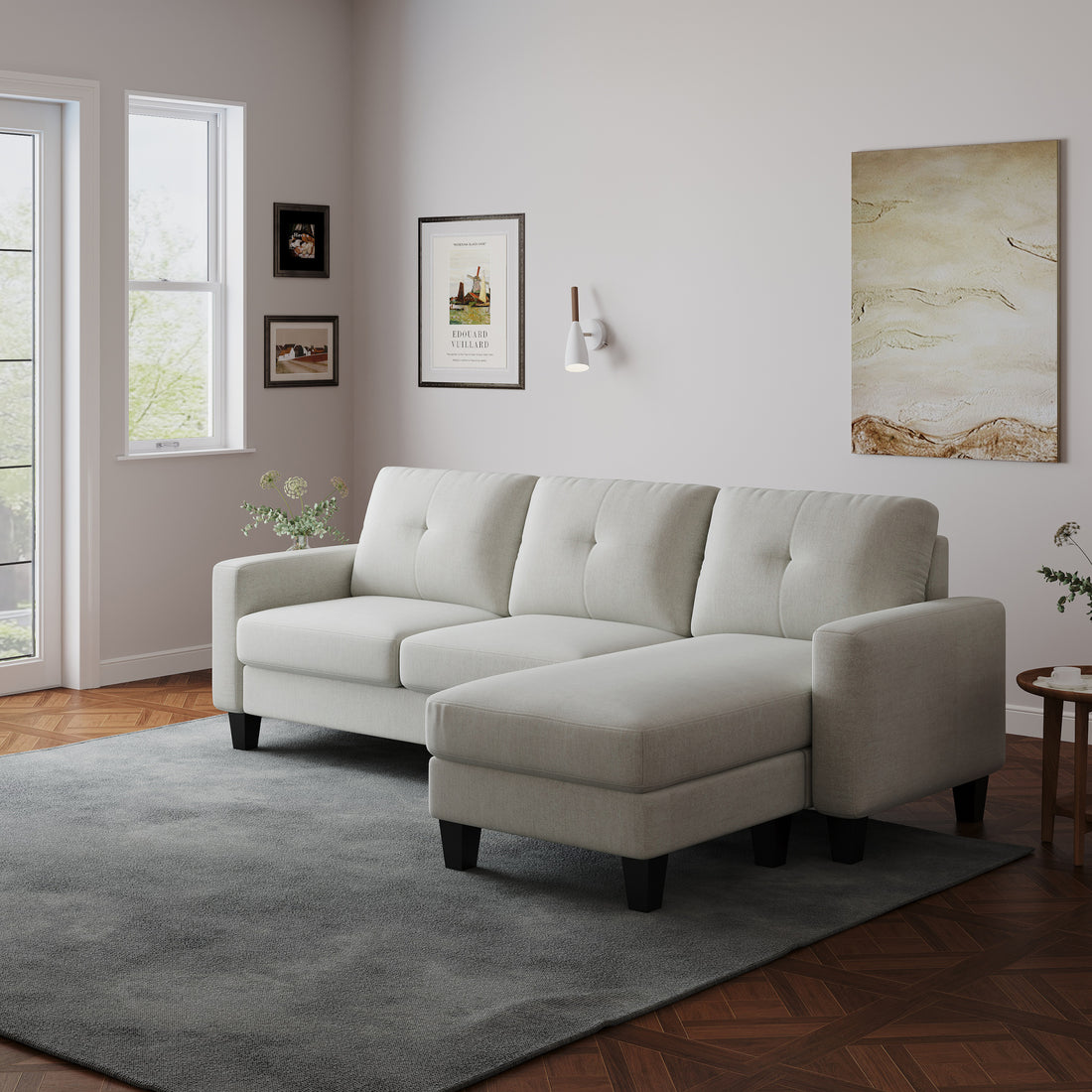 Living Room Furniture With Polyester Fabric L Shape Couch Corner Sofa For Small Space Beige Beige Foam Polyester 3 Seat