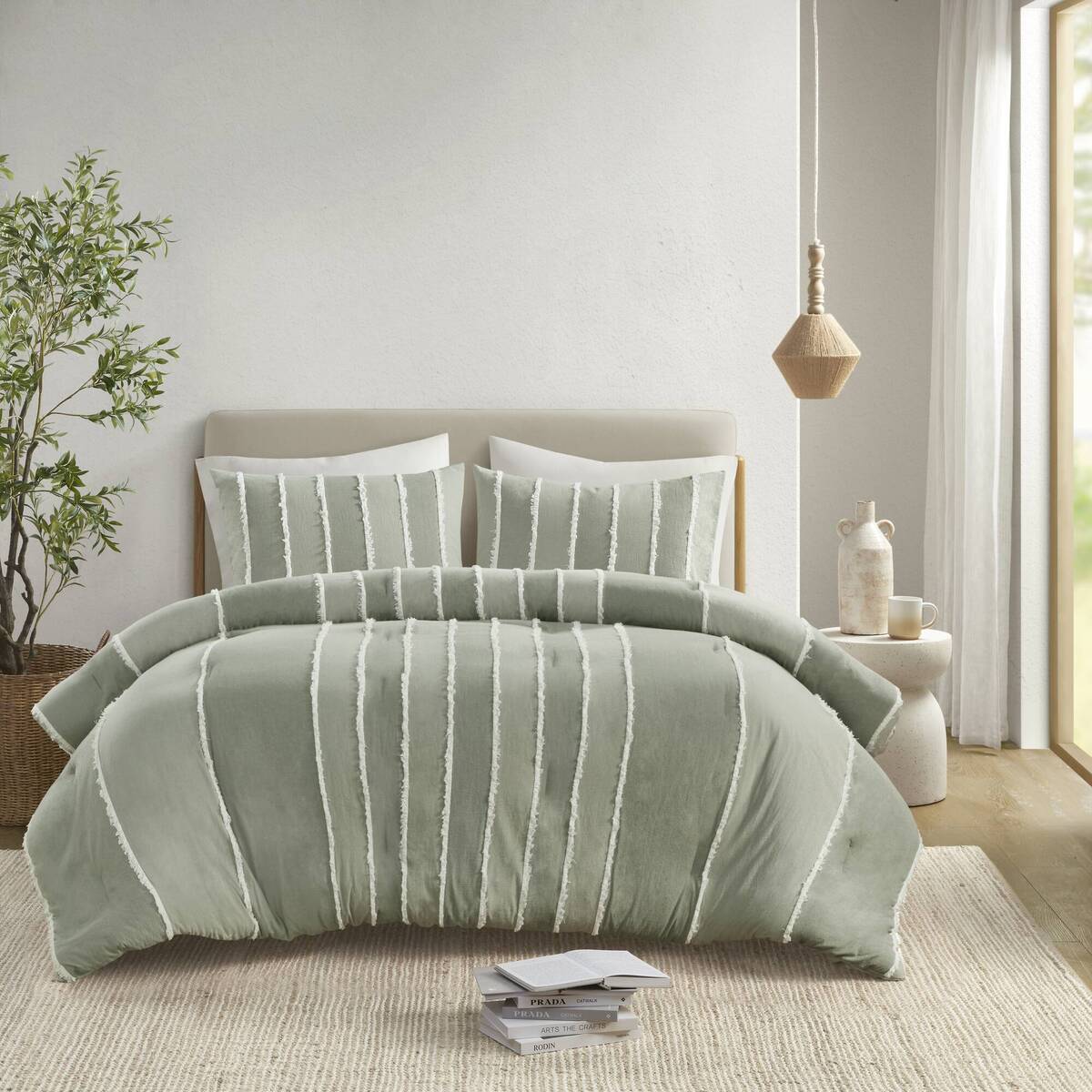 3 Piece Striped Cotton Comforter Set Sage Full Queen Sage Cotton