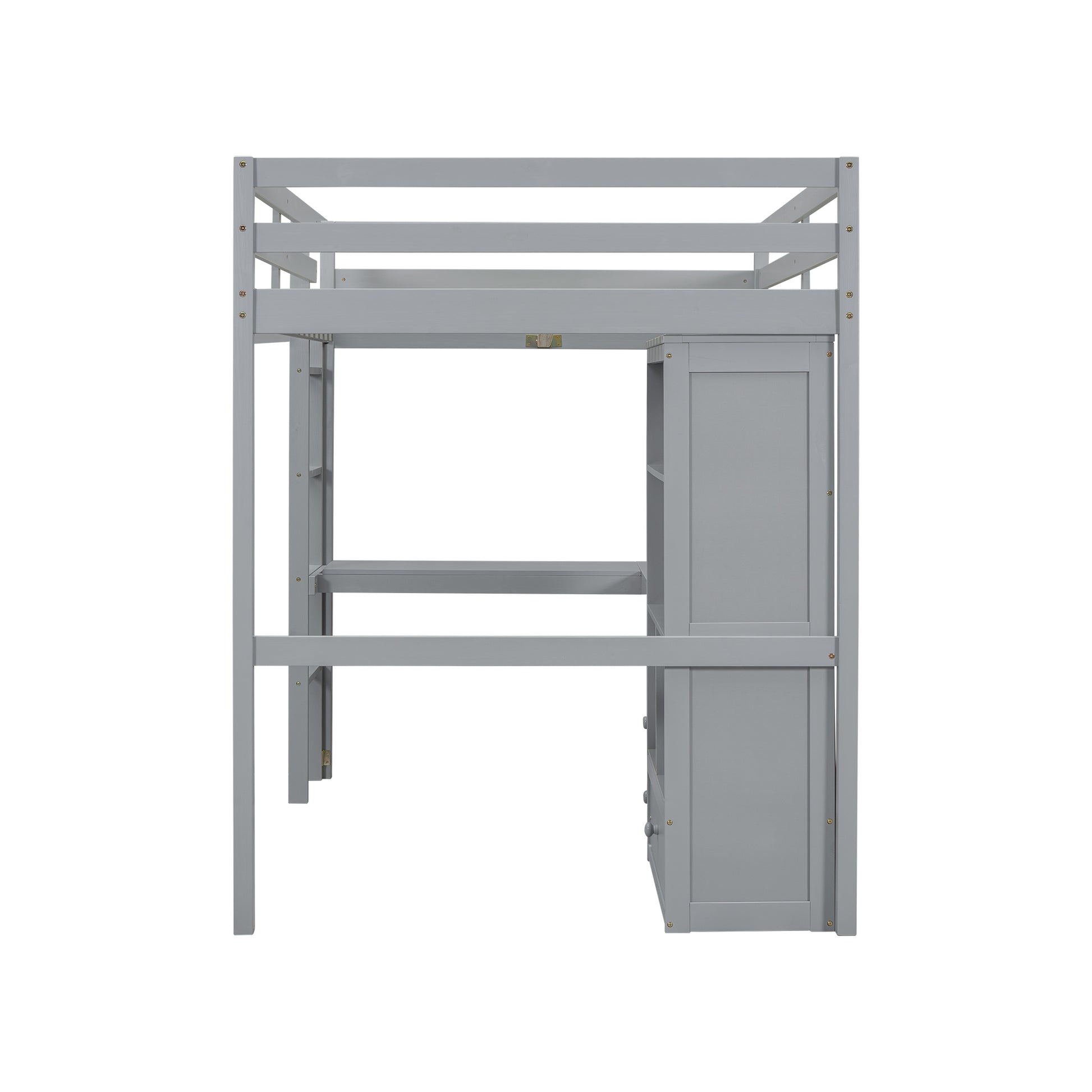 Full Size Loft Wood Bed With Desk, Storage Shelves And Drawers, Built In Ladder, High Loft Bed With Desk, Storage Shelves And Drawers,Guardrails,Grey Full Grey Pine