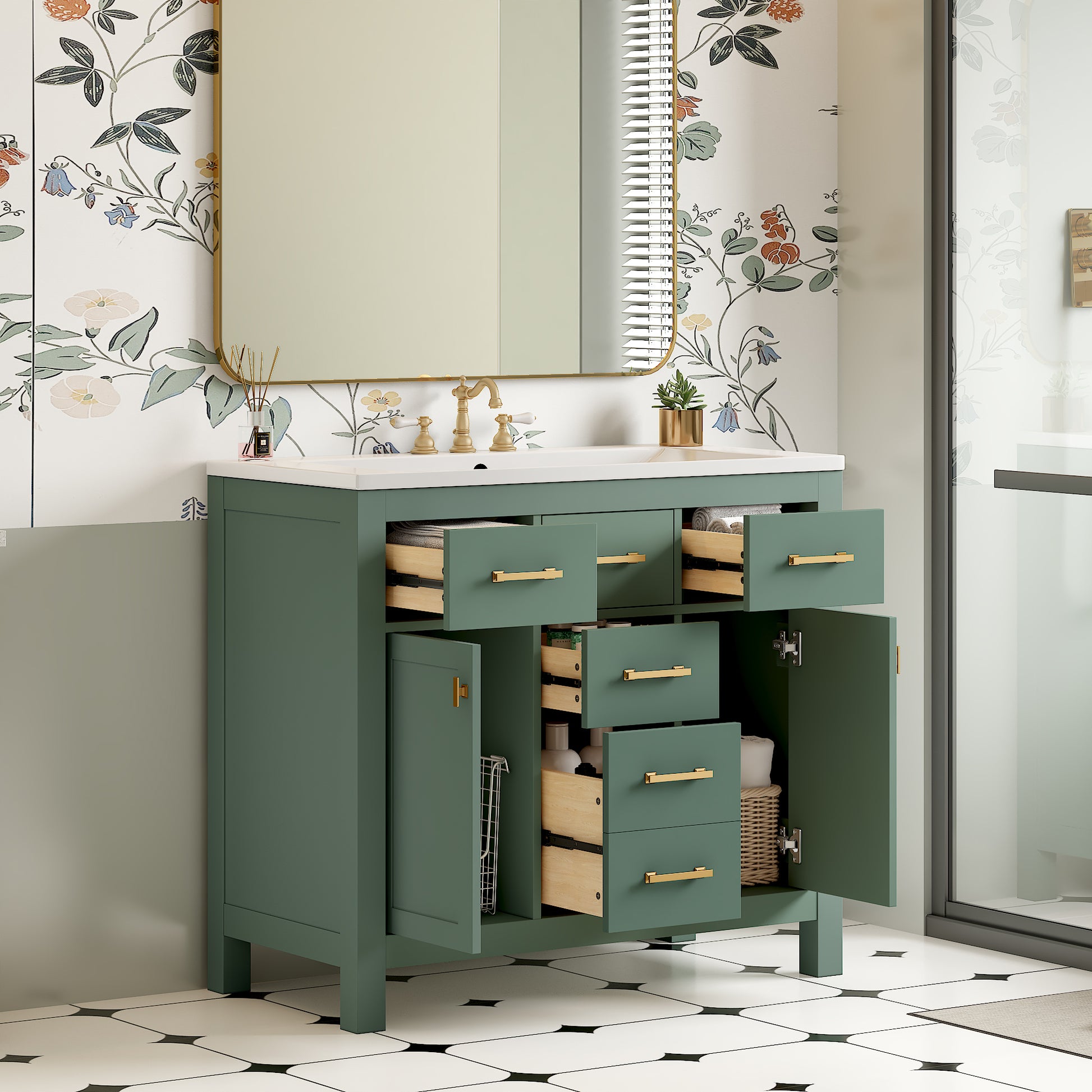 36'' Bathroon Vanity With Resin Sink Combo Set,Modern Freestanding Single Bathroom Cabinet With 4 Drawers & 2 Cabinets,Storage Cabinet For Bathroom, Solid Wood Frame Vanity Set, Green 4 Green 2 2 Adjustable Hinges Bathroom Freestanding Solid Wood Mdf