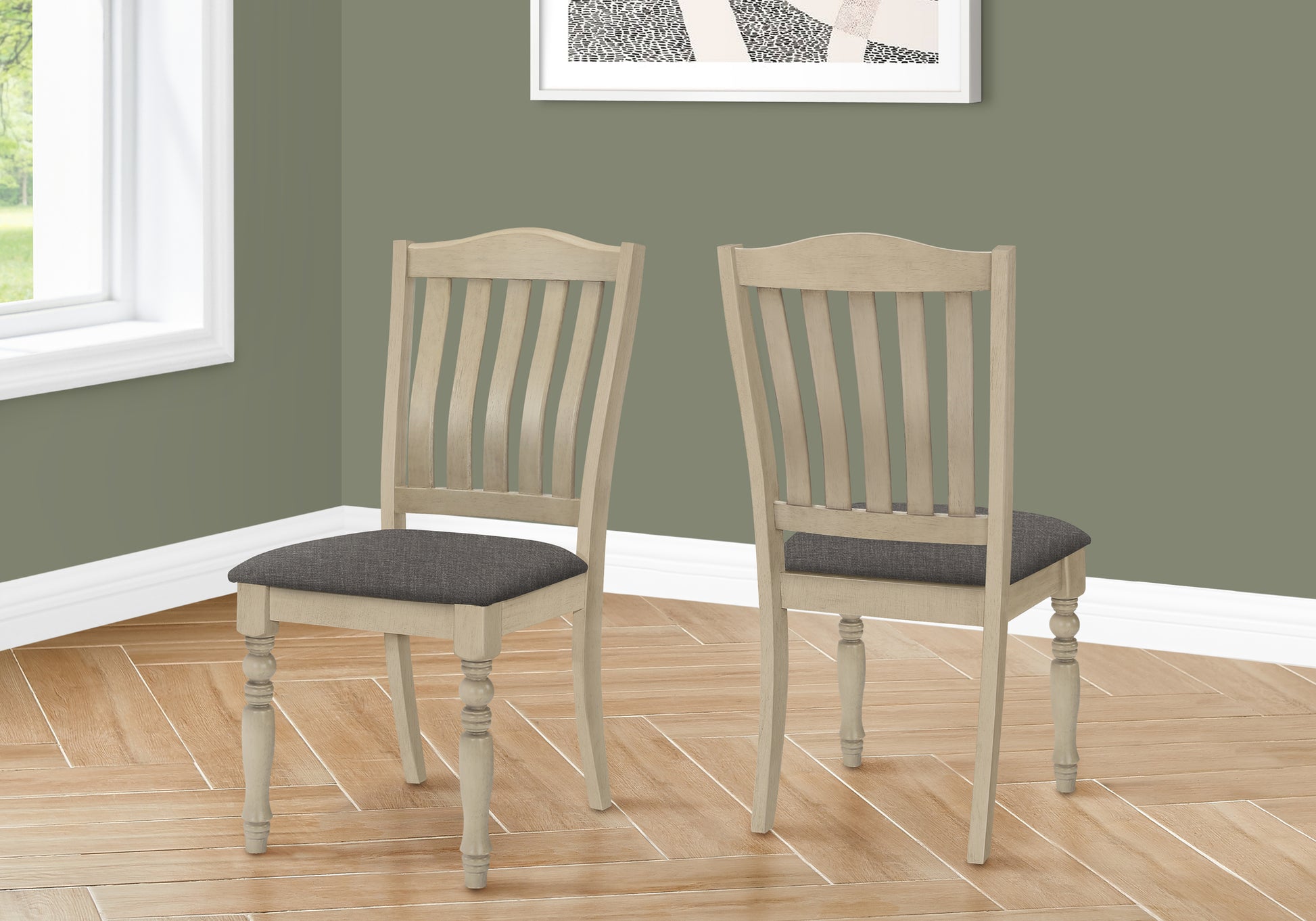 Dining Chair, 39" Height, Set Of 2, Upholstered, Dining Room, Kitchen, Side, Antique Grey, Grey Fabric, Wood Legs, Transitional Grey Foam Solid Wood Mdf