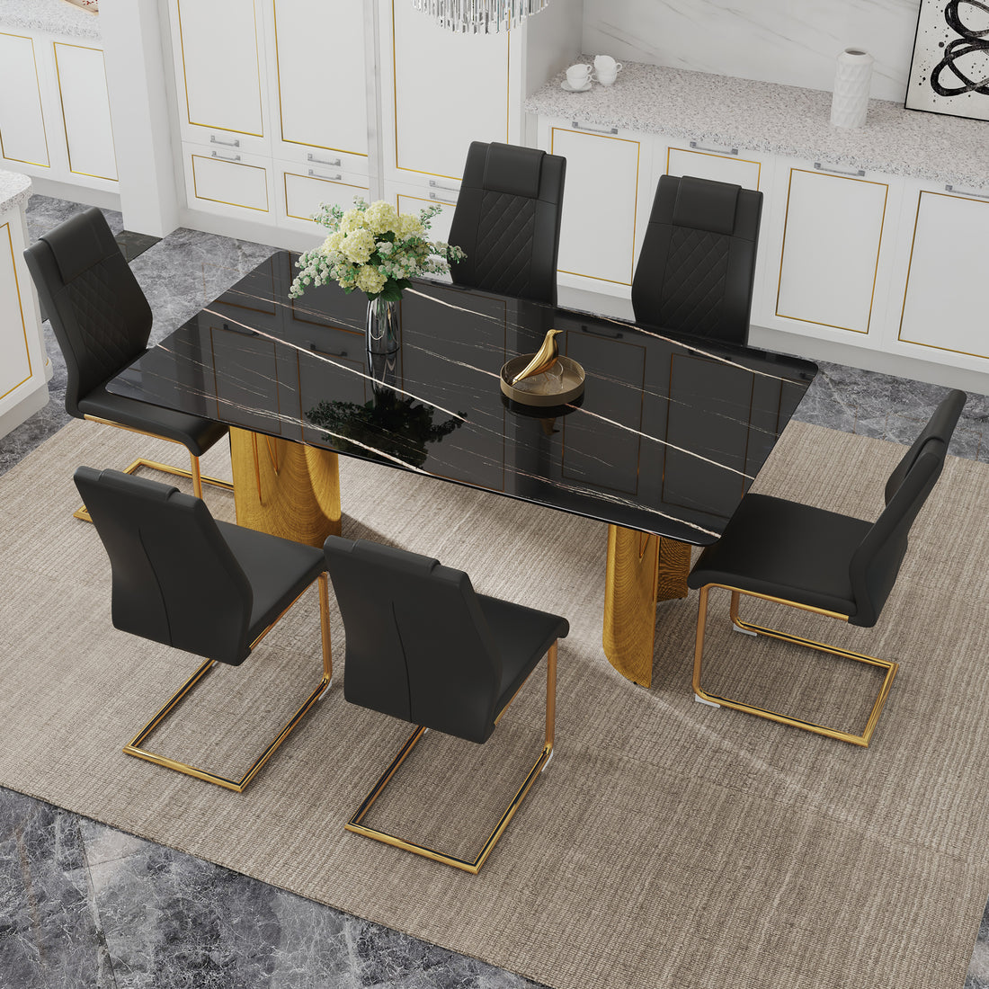 Table And Chair Set.The Table Has A Glass Tabletop With Imitation Marble Pattern Stickers And Stainless Steel Golden Table Legs. Paried With Comfortable Chairs With Pu Seats And Metal Legs. Gold Black Seats 6 Glass Metal