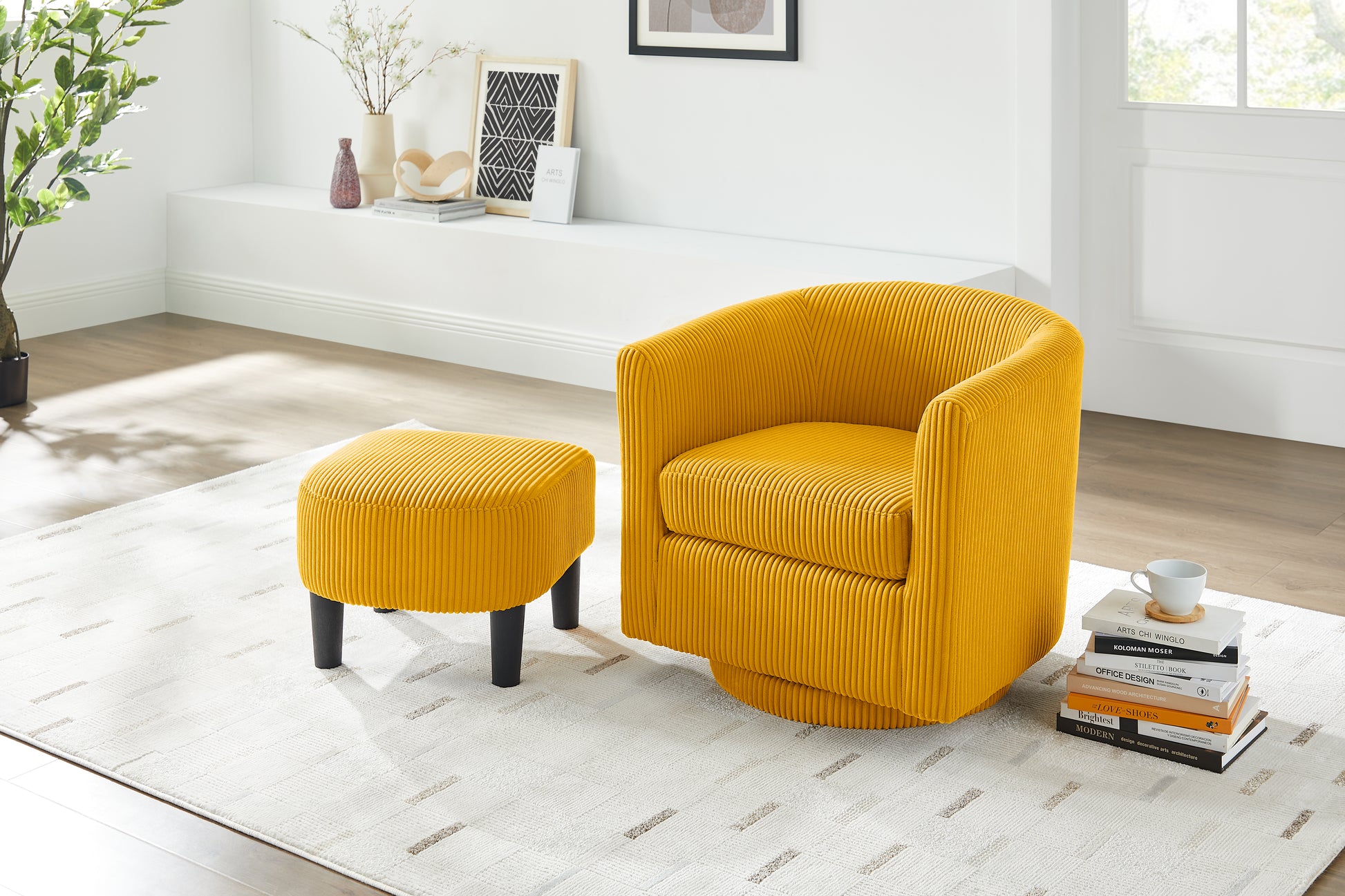 Swivel Accent Chair 360 Comfy Recliner Corduroy Arm Chair Single Sofa With Ottoman For Living Room Bedroom,Yellow Yellow Fabric