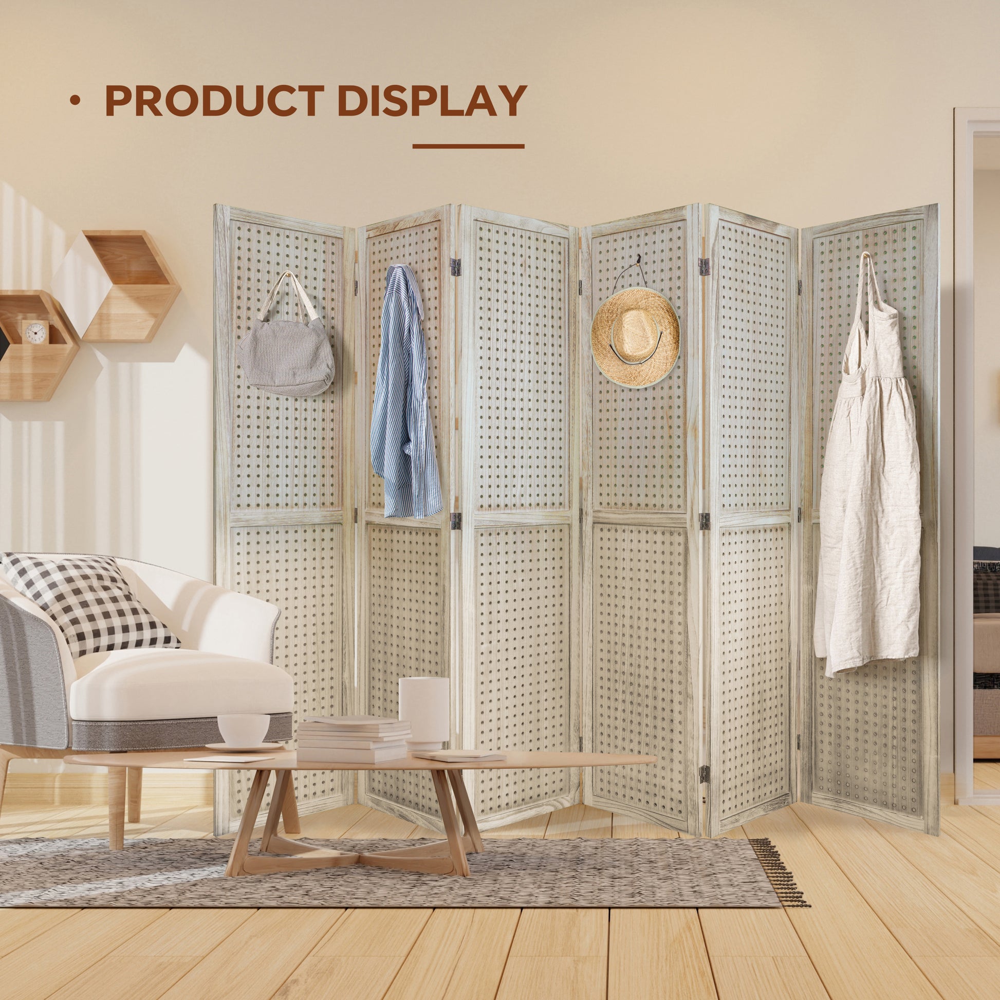 6 Panel Room Divider, 5.6Ft Pegboard Display Wooden Room Divider Folding Privacy Screen Room Divider Freestanding Peg Board Display For Trade Show Craft Show Home Wall Organizer, Natural Wood Natural Wood Rustic Wood