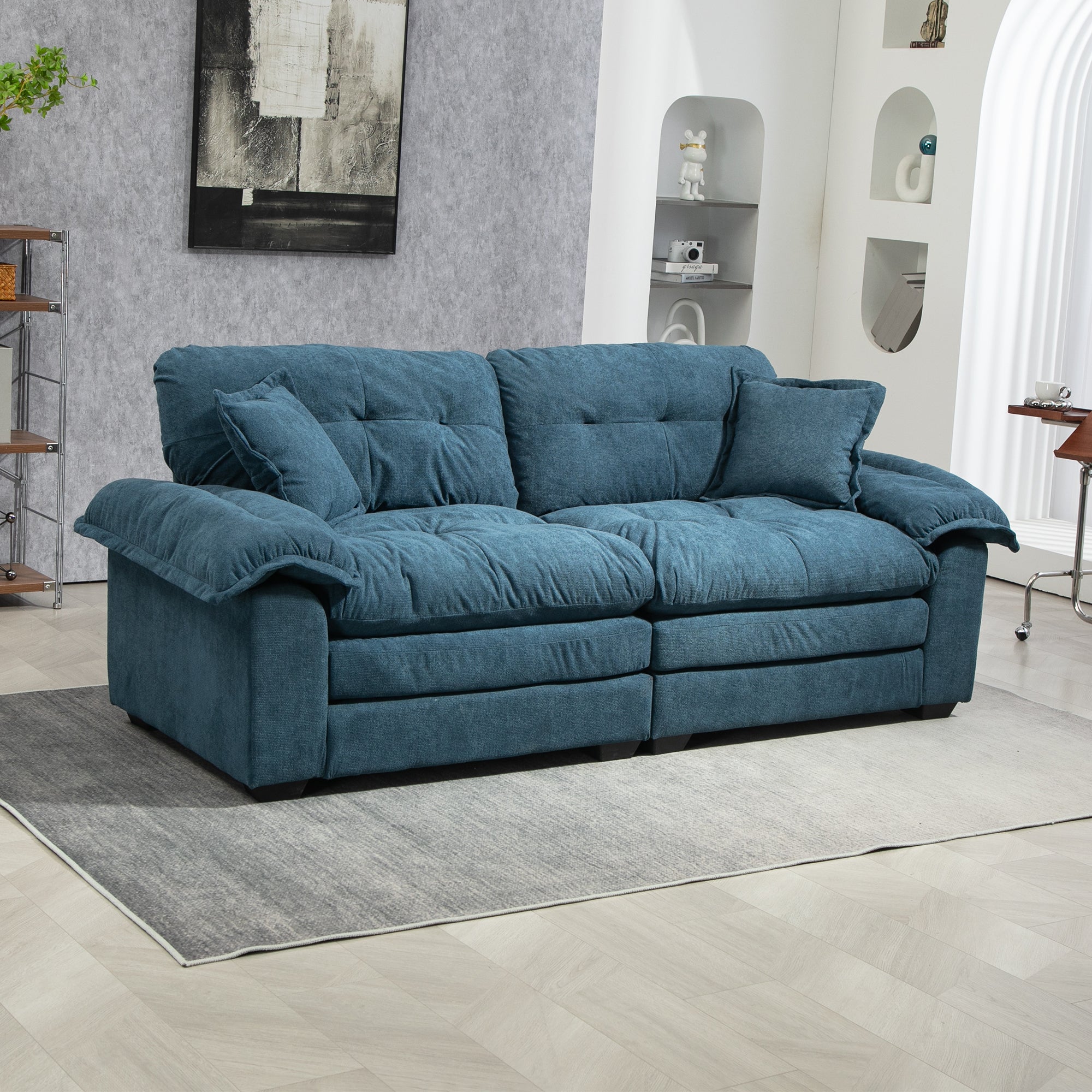 84" Chenille Recliner Sofa Small Sofa Loveseat Deep Seat Sofa Couch With 2 Throw Pillows & Memory Foam For Living Room Apartment Office Lounge Blue Blue Memory Foam Chenille,Upholstered 2 Seat