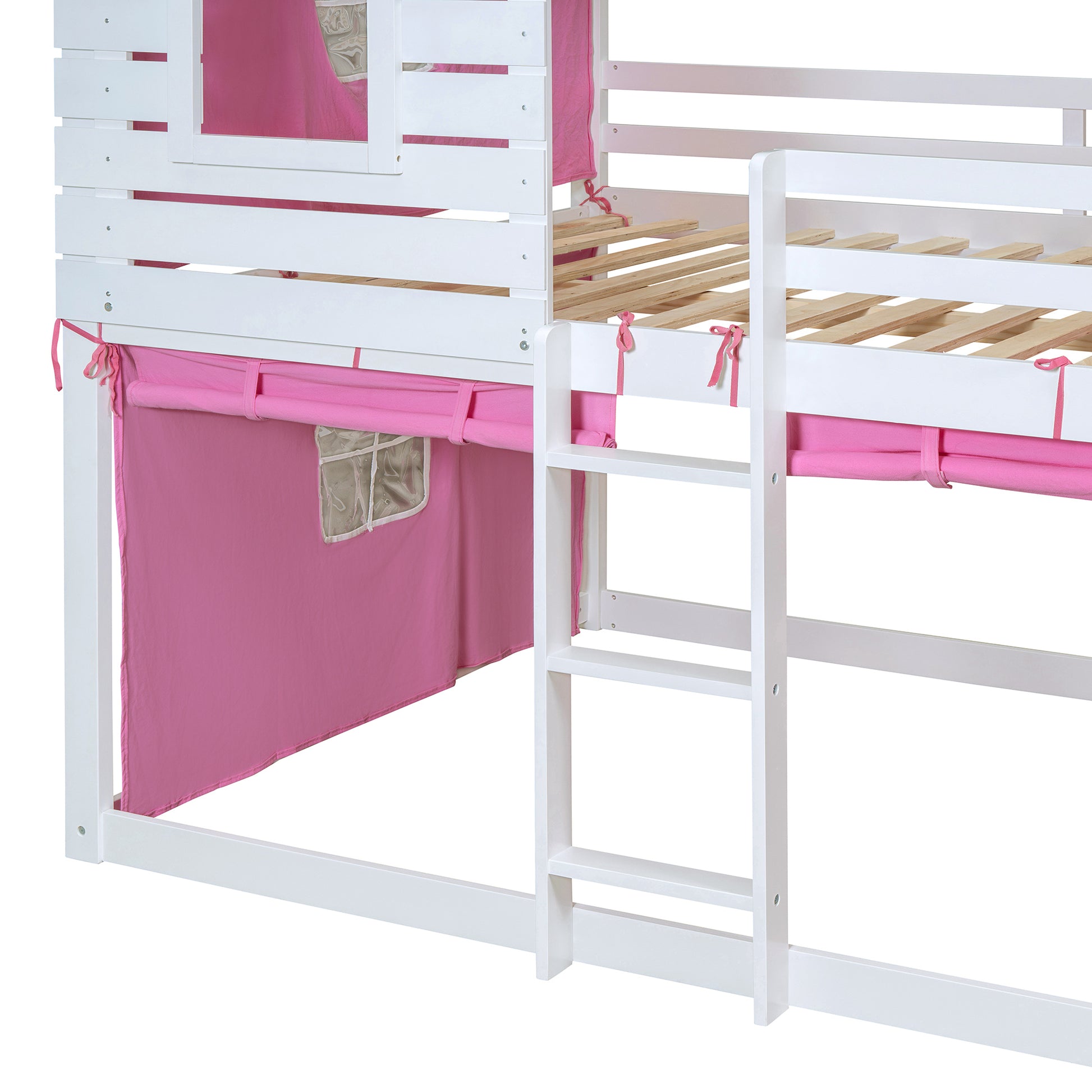 Full Size Bunk Wood House Bed With Tent, Pink White Full Pink White Solid Wood Mdf