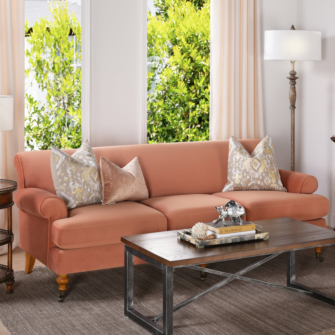 Alana Lawson Three Cushion Tightback Sofa, Peach Orange Velvet Orange Foam Velvet 3 Seat