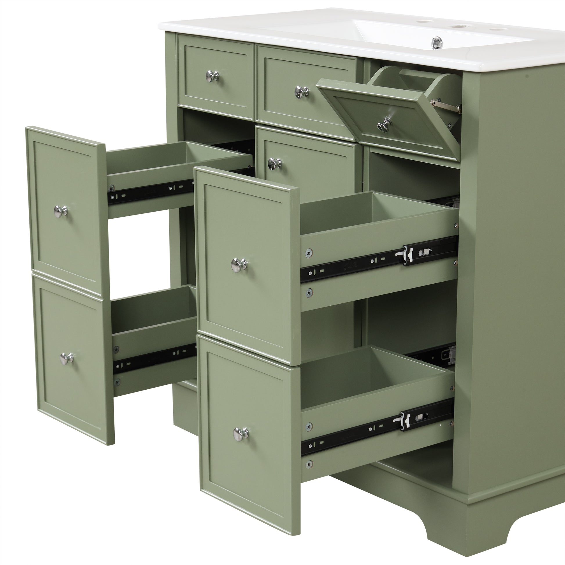 36" Bathroom Vanity With Sink, One Cabinet With Three Drawers And One Flip Drawer, Solid Wood And Mdf Board, Green Green Solid Wood Mdf