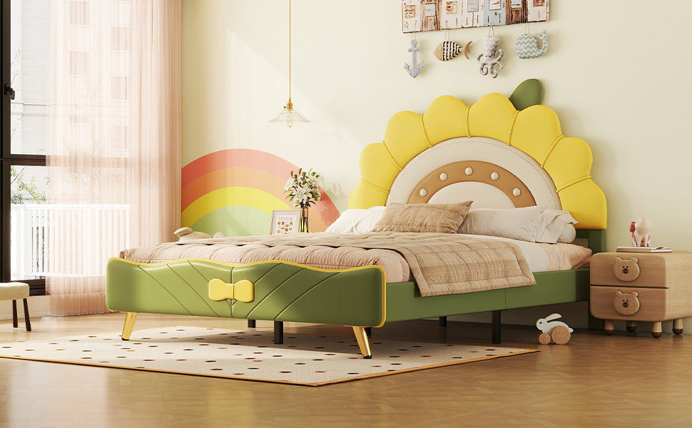 Full Size Upholstered Platform Bed With Sunflower Shaped Headboard, Green Box Spring Not Required Full Green Wood Bedroom Bed Frame Faux Leather Upholstered