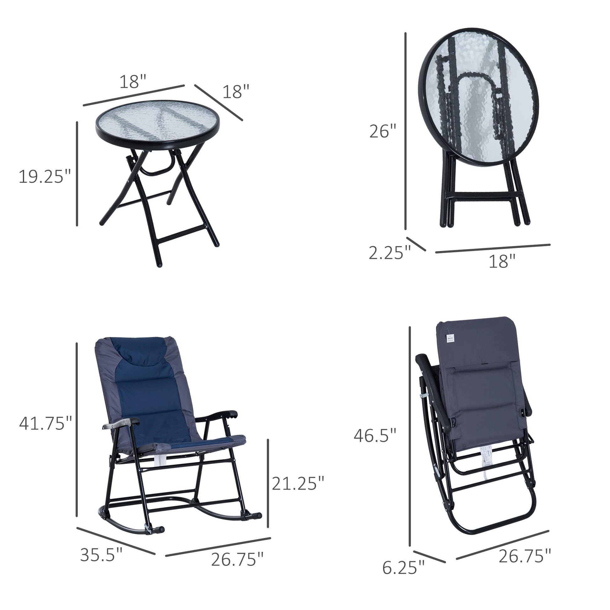 Outsunny 3 Piece Outdoor Patio Furniture Set With Glass Coffee Table & 2 Folding Padded Rocking Chairs, Bistro Style For Porch, Camping, Balcony, Navy Blue Blue Oxford Fabric