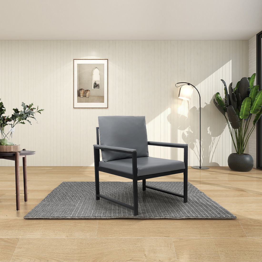 Lounge, Living Room, Office Or The Reception Area Pvc Leather Accent Arm Chair With Extra Thick Padded Backrest And Seat Cushion Sofa Chairs,Non Slip Adsorption Feet,Sturdy Metal Frame,Gray Gray Polyvinyl Chloride