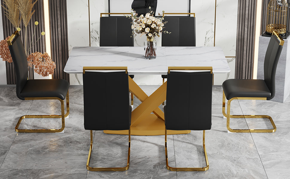 Table And Chair Set, The Table Is Equipped With A Marble Patterned Mdf Tabletop And Gold Table Legs.The Chair Is Equipped With Pu Synthetic Leather High Back Cushion And Gold Coated Metal Legs. Gold Black Seats 4 Mdf Metal