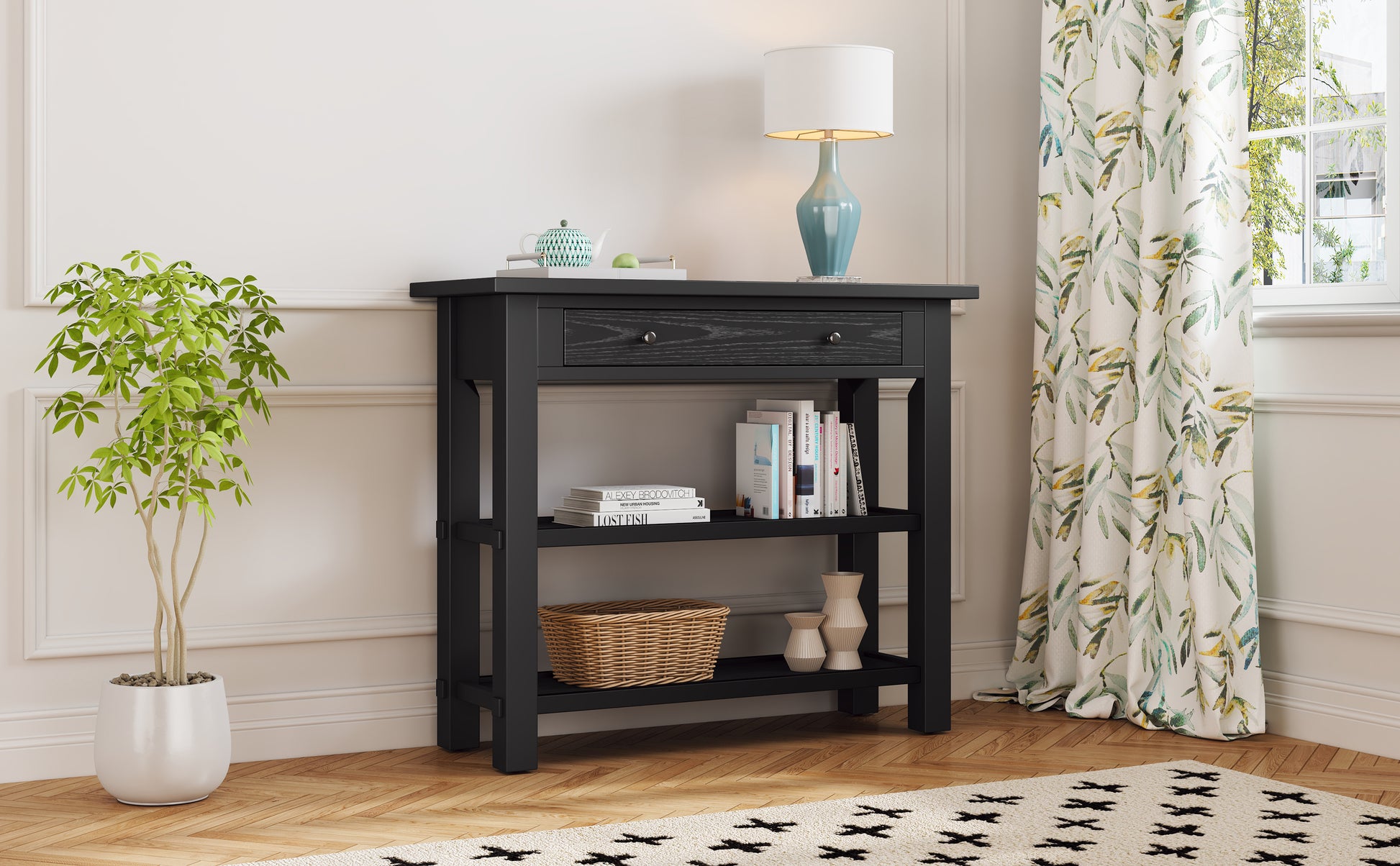 Retro Console Table With Drawer And Two Sturdy Shelves For Entryway, Living Room Black Black Mdf,Rubber Wood