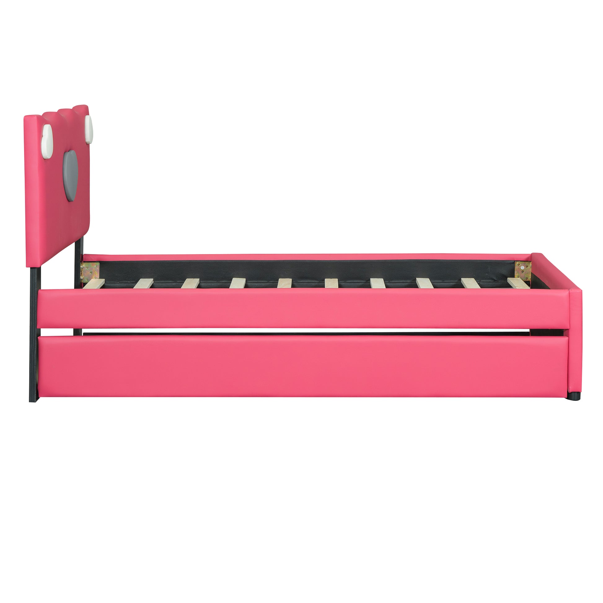 Twin Size Upholstered Platform Bed With Trundle And Heart Shaped Decoration, Dark Pink Box Spring Not Required Twin Dark Pink Wood Bedroom Bed Frame Faux Leather Upholstered