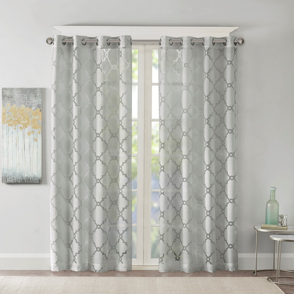 Fretwork Burnout Sheer Curtain Panel Only 1 Pc Panel Grey Polyester