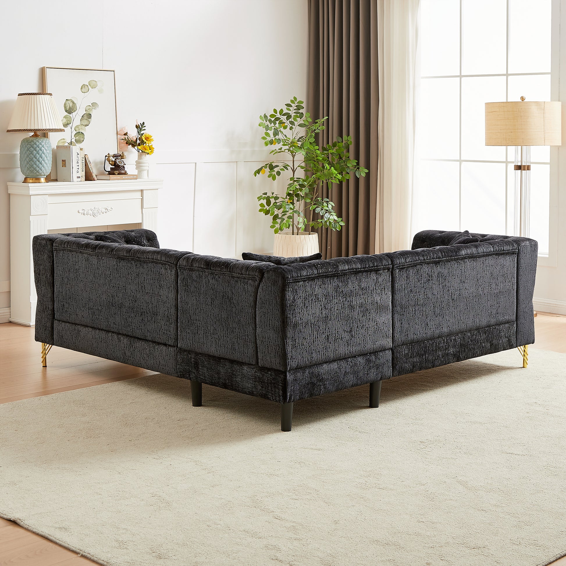 81.5 Inch Chenille Corner Sofal Shaped Sectional Couch, 5 Seater Corner Sofas With 3 Cushions For Living Room, Bedroom, Apartment, Office Black Foam Chenille 5 Seat