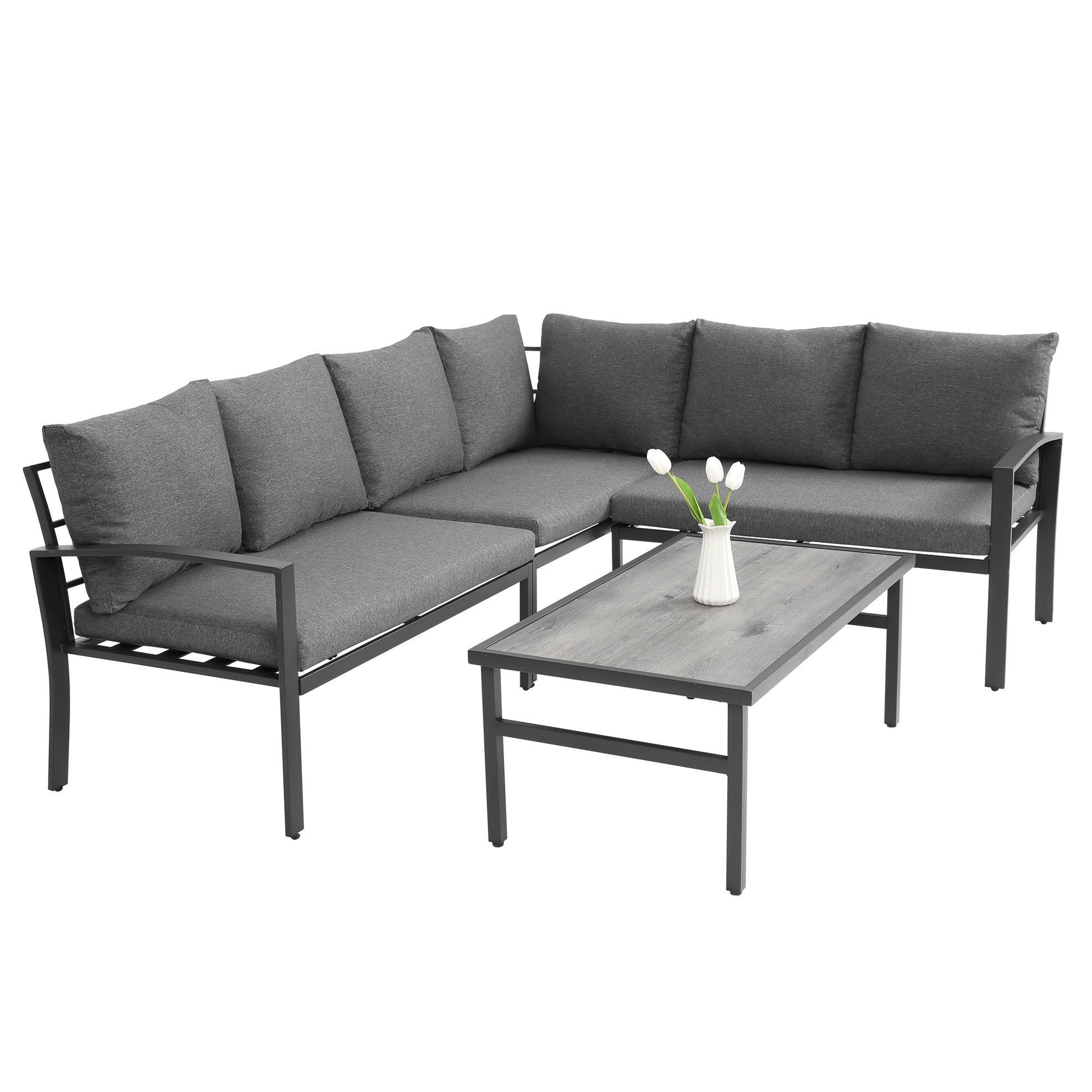 Grand Patio 4 Piece Patio Furniture Set, All Weather Outdoor Conversation Set Sectional Sofa With Water Resistant Beige Thick Cushions And Coffee Table Dark Gray Cotton Steel