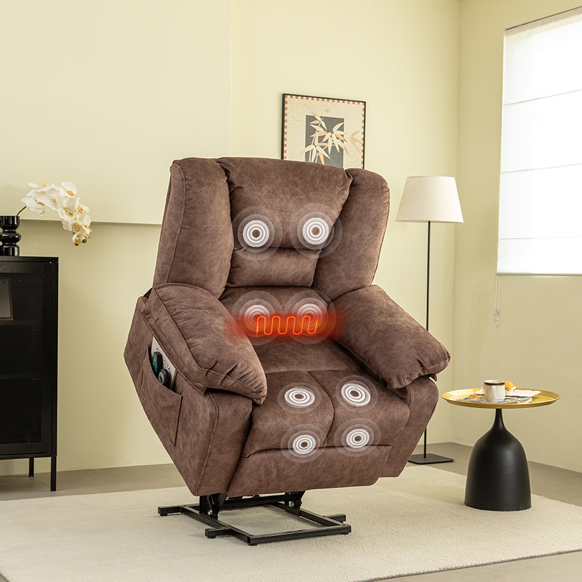 Power Lift Recliner Chair Sofa For Elderly With Massage Brown Velvet Power Remote Metal Primary Living Space Soft Cushion Back Heavy Duty American Design,American Traditional,Classic Pillow Top Arms Foam Velvet