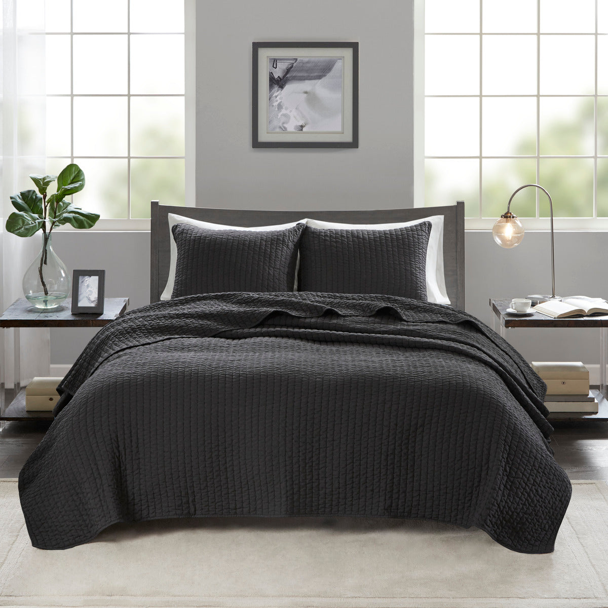 3 Piece Quilt Set Black Full Queen Full Black Microfiber